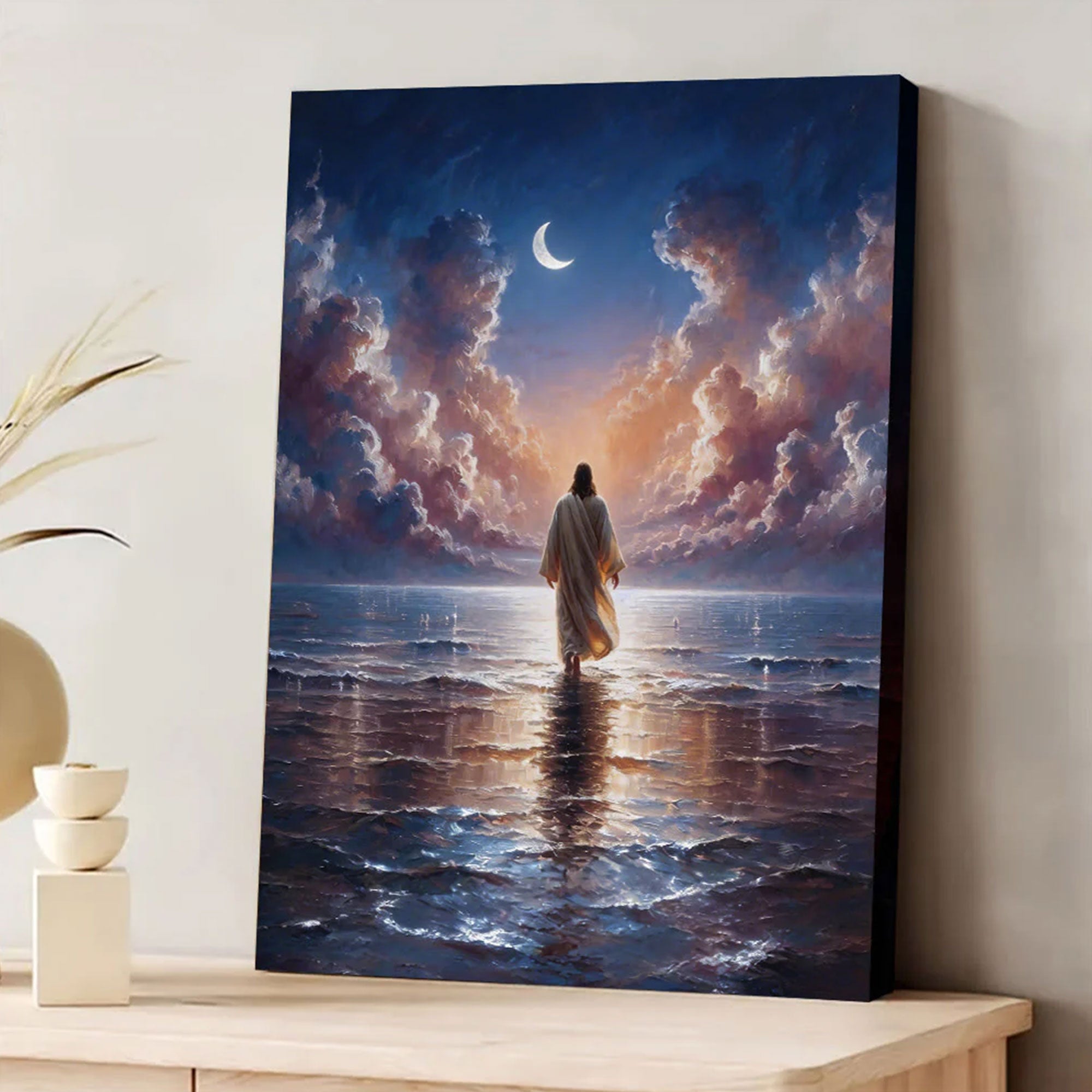 Easter Twilight Waters Jesus Canvas Print, Inspirational Christian Wall Art, Peaceful Faith Home Decor