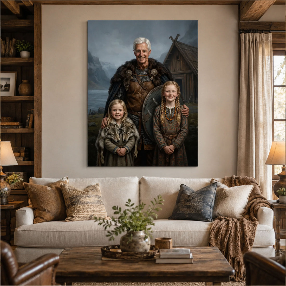 Personalized Viking Grandpa And Grandchildren Canvas Print, Custom Medieval Family Portrait Wall Art, Father’s Day Gift For Grandpa