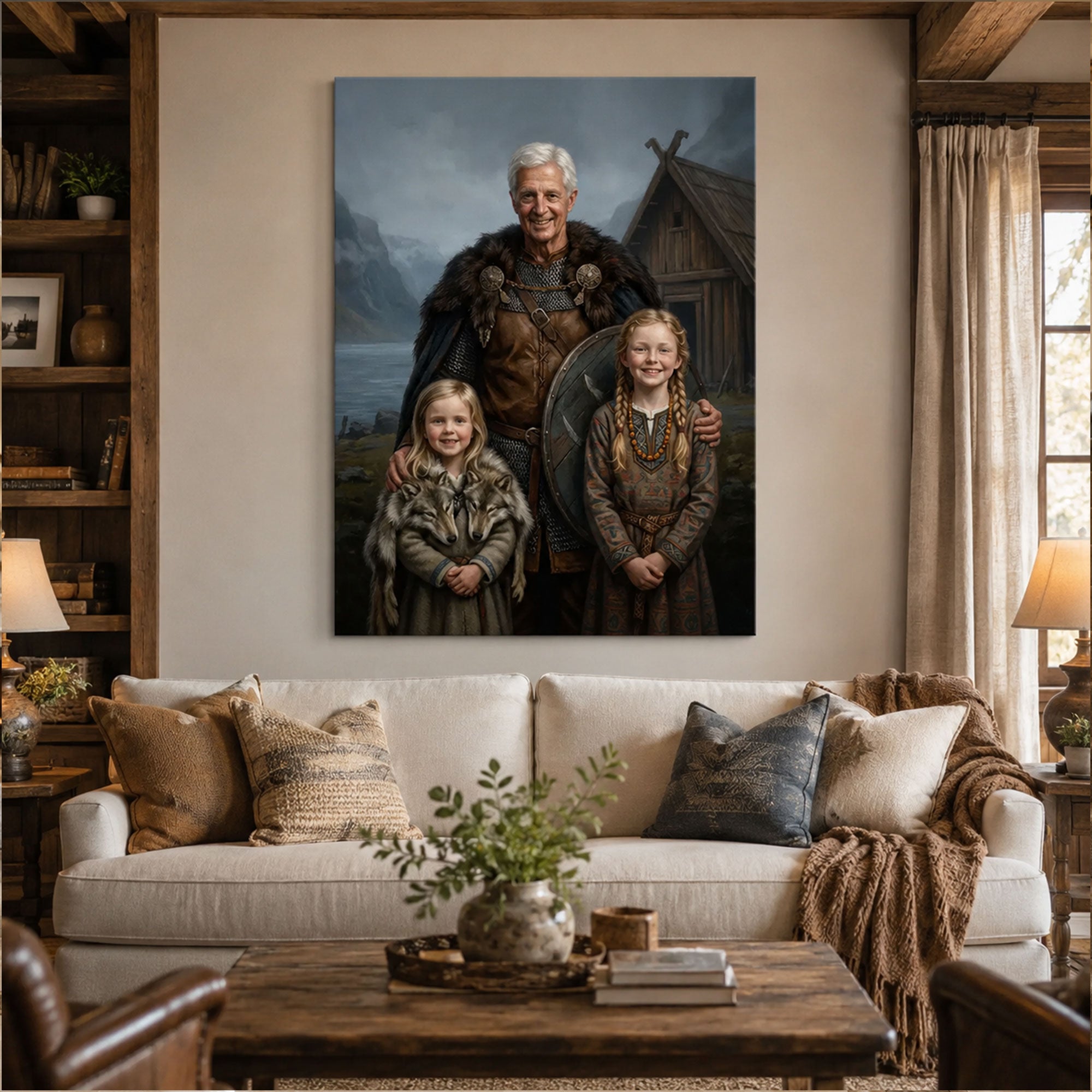 Personalized Viking Grandpa And Grandchildren Canvas Print, Custom Medieval Family Portrait Wall Art, Father’s Day Gift For Grandpa