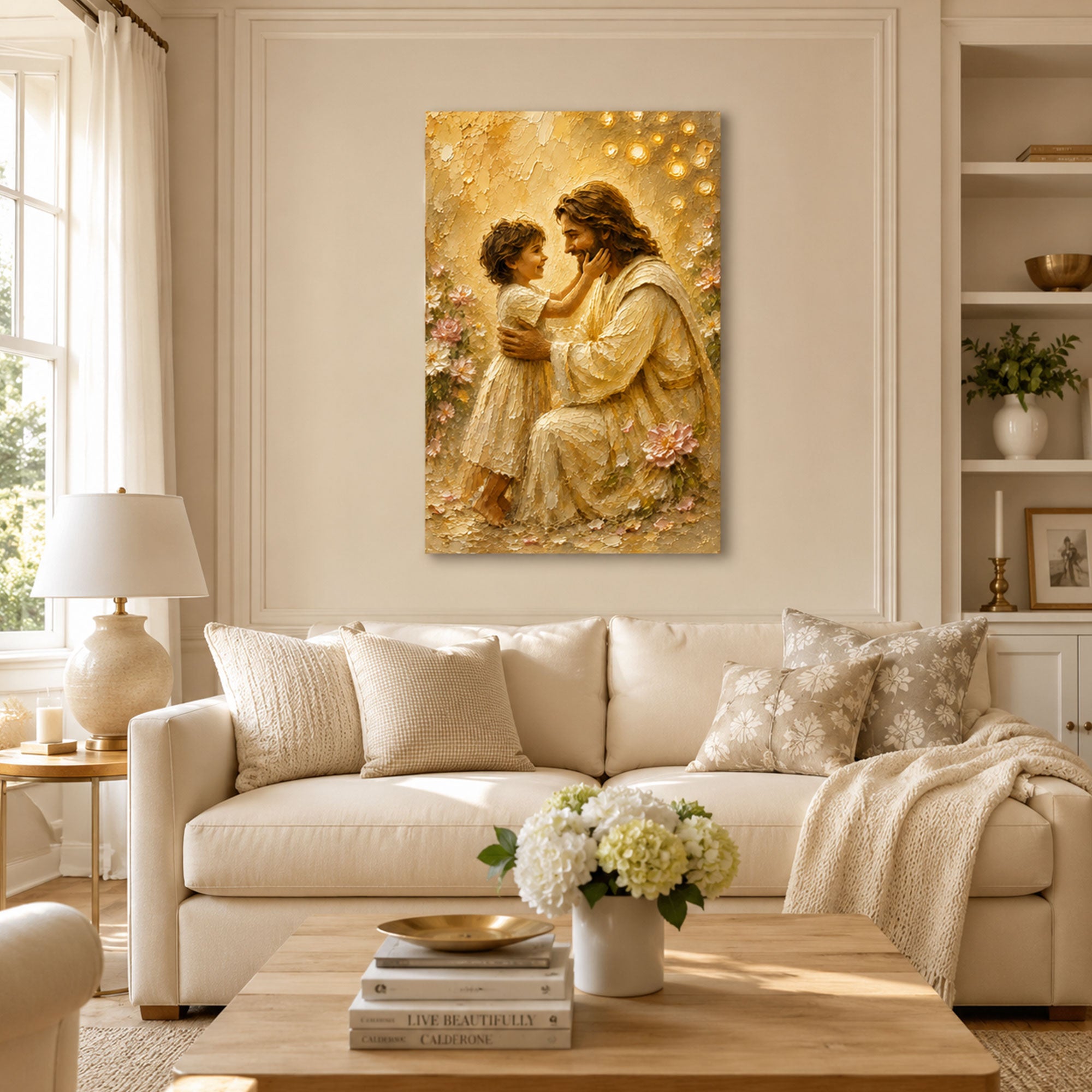 Jesus with Child Canvas Print, Christian Family Wall Art, Warm Golden Faith Home Decor Gift
