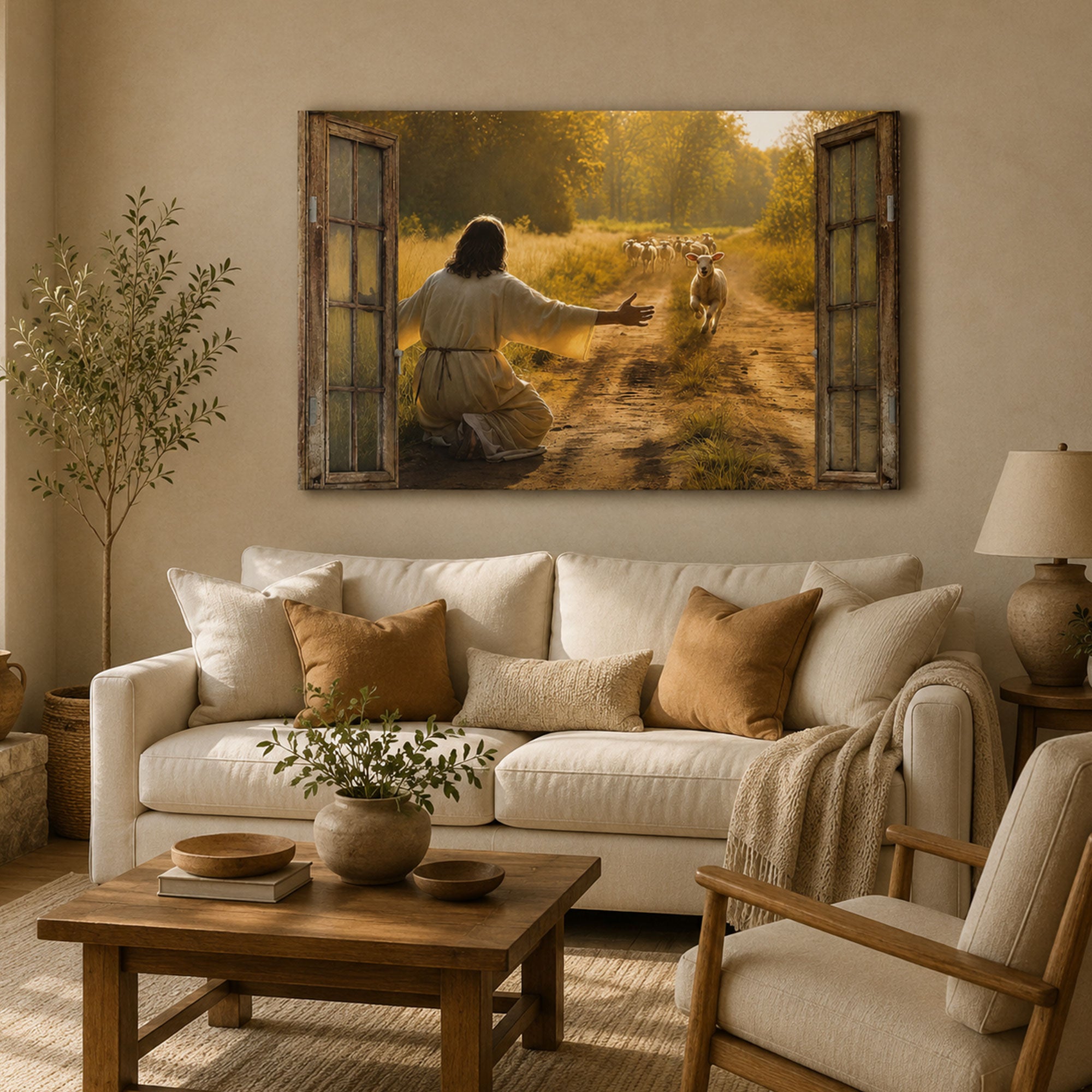 Good Shepherd Lost Sheep Canvas Print, Jesus Welcoming Lamb Christian Wall Art, Faith Home Decor