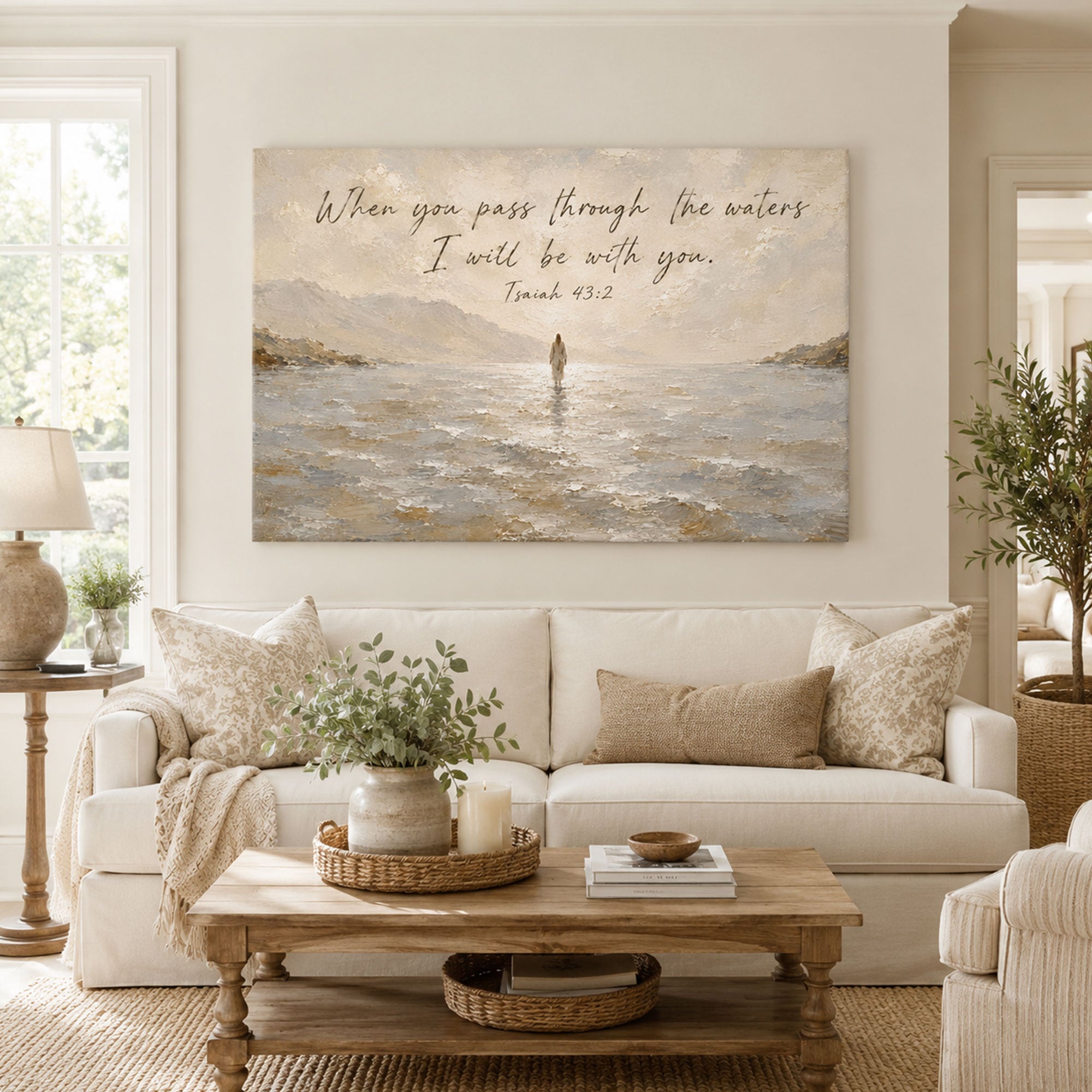 Isaiah 43:2 Jesus Walking on Water Canvas Print, Christian Home Decor