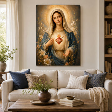 Immaculate Heart of Mary Canvas Print Catholic Wall Art Virgin Mary Floral Religious Faith Decor