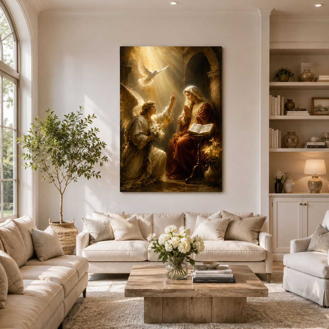 Annunciation with Open Scripture Canvas Print, Golden Catholic Art