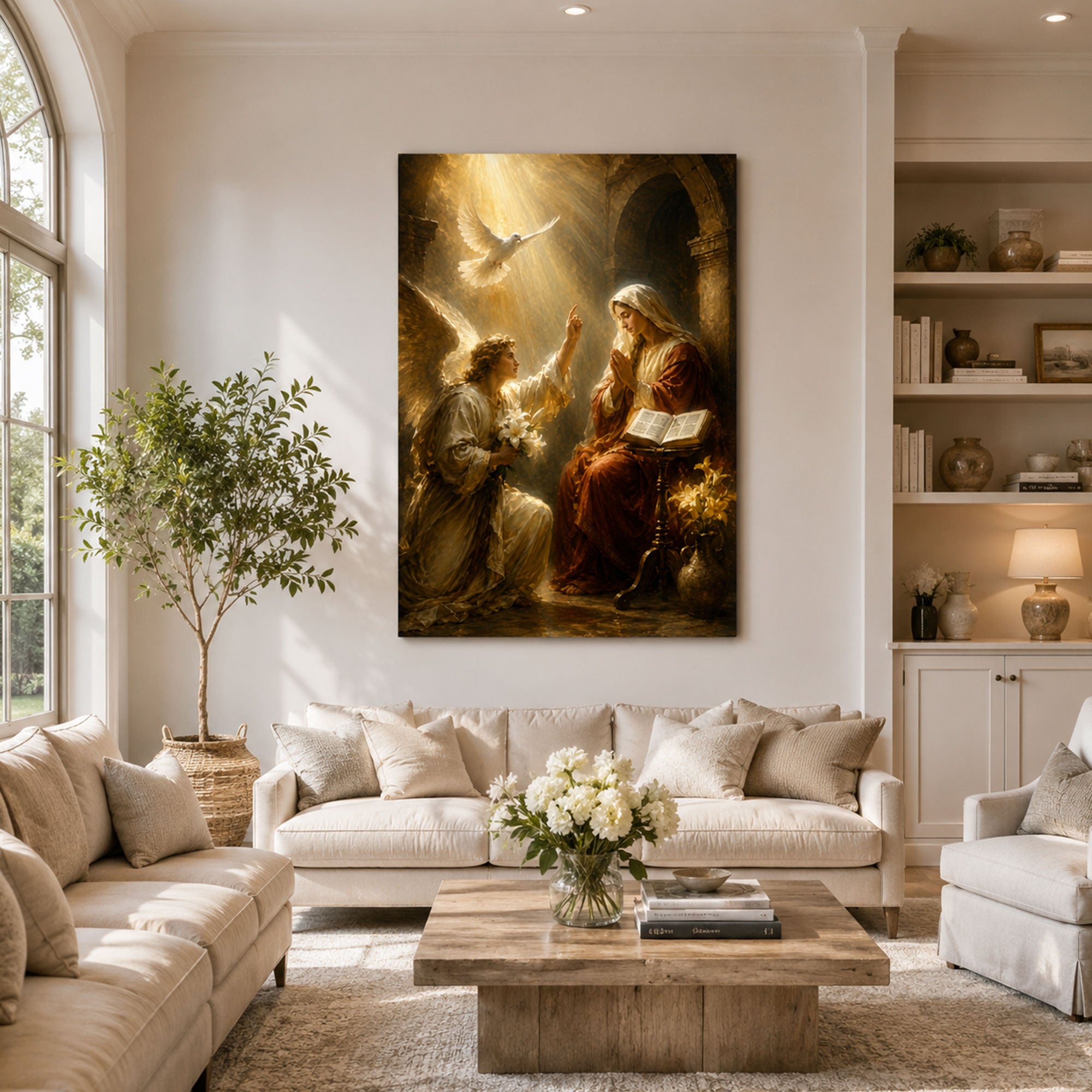 Annunciation with Open Scripture Canvas Print, Golden Catholic Art