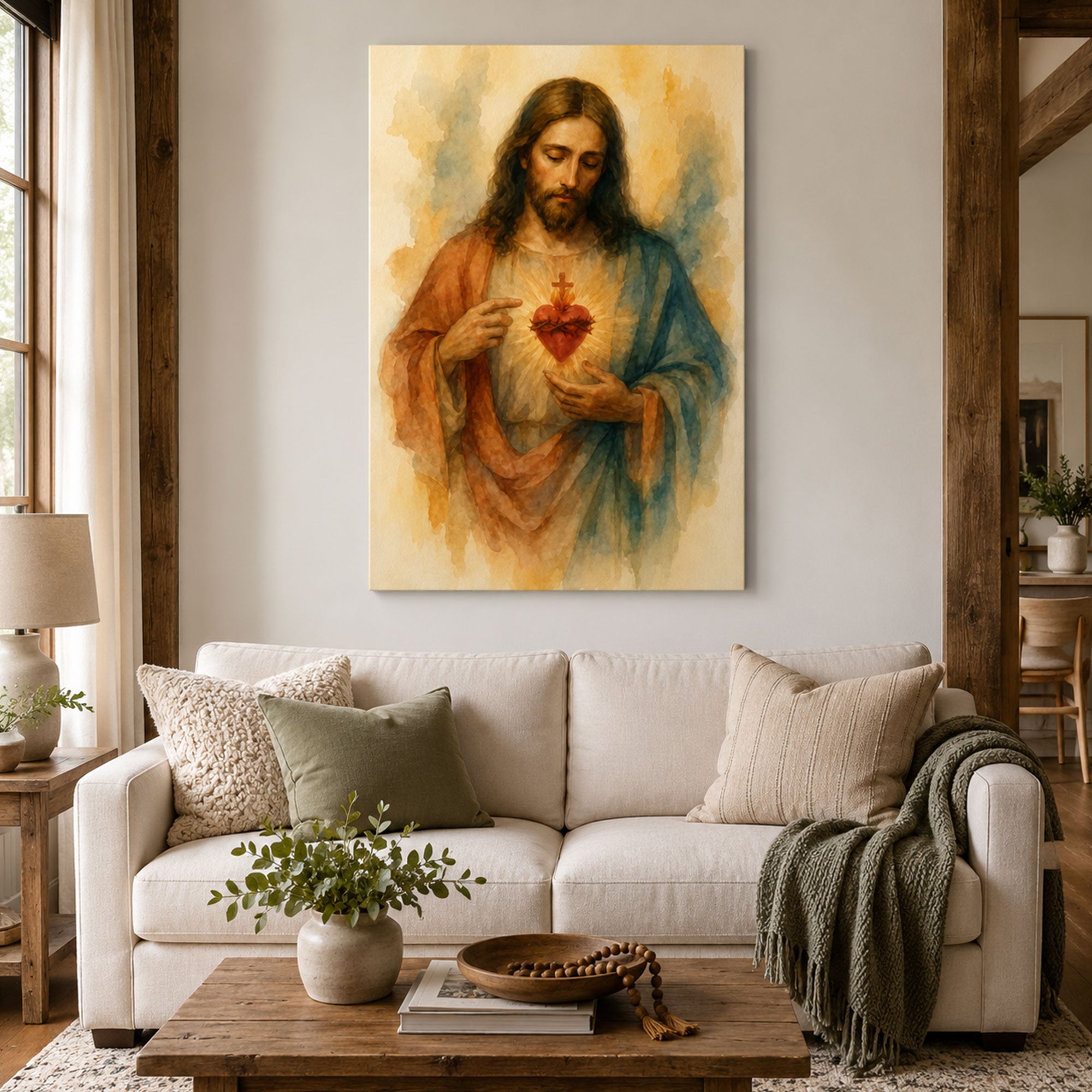 Sacred Heart of Jesus Watercolor Canvas Print, Christian Catholic Wall Art, Devotional Faith Home Decor