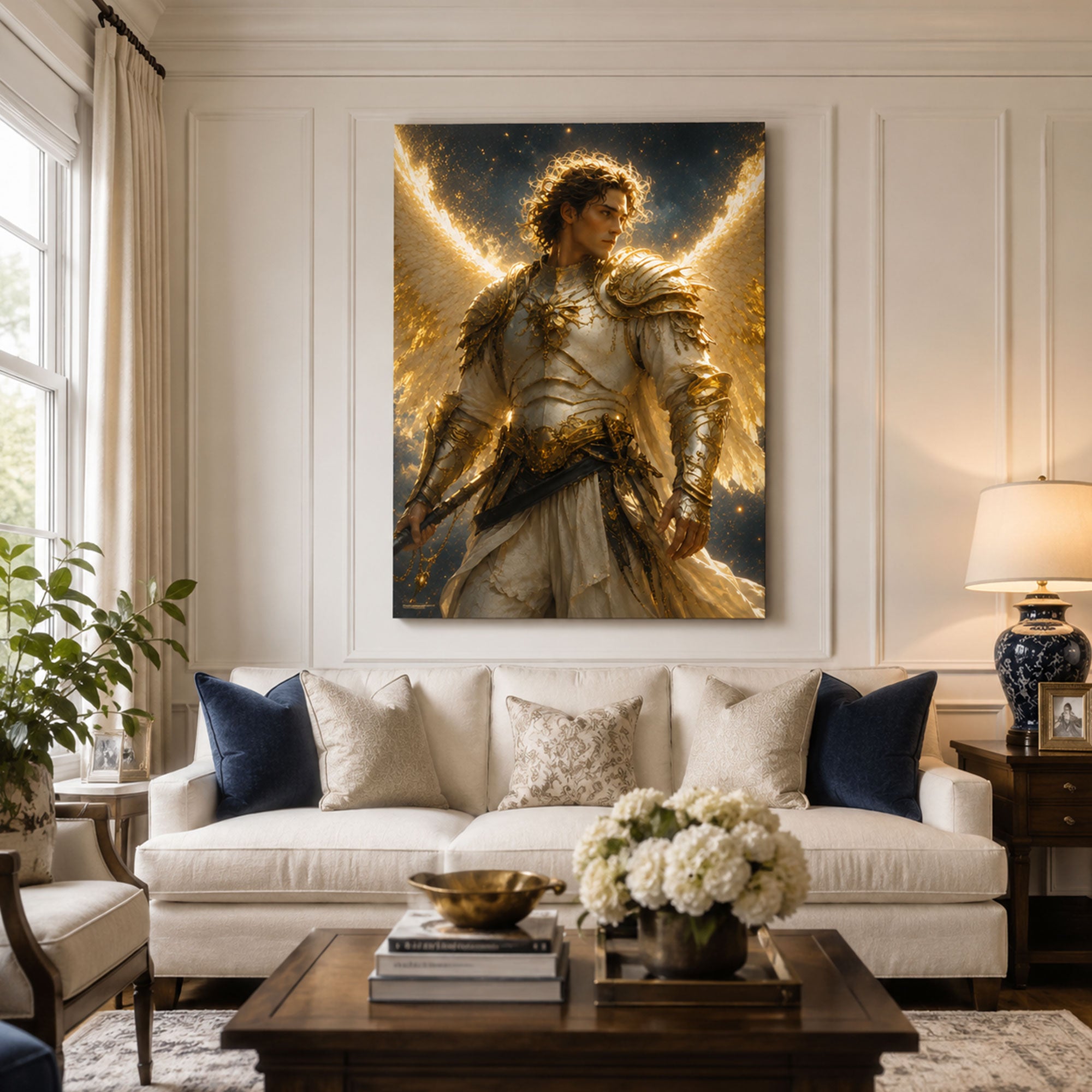 Saint Michael Prince of the Heavenly Host Canvas Print, Ivory Gold Catholic Art