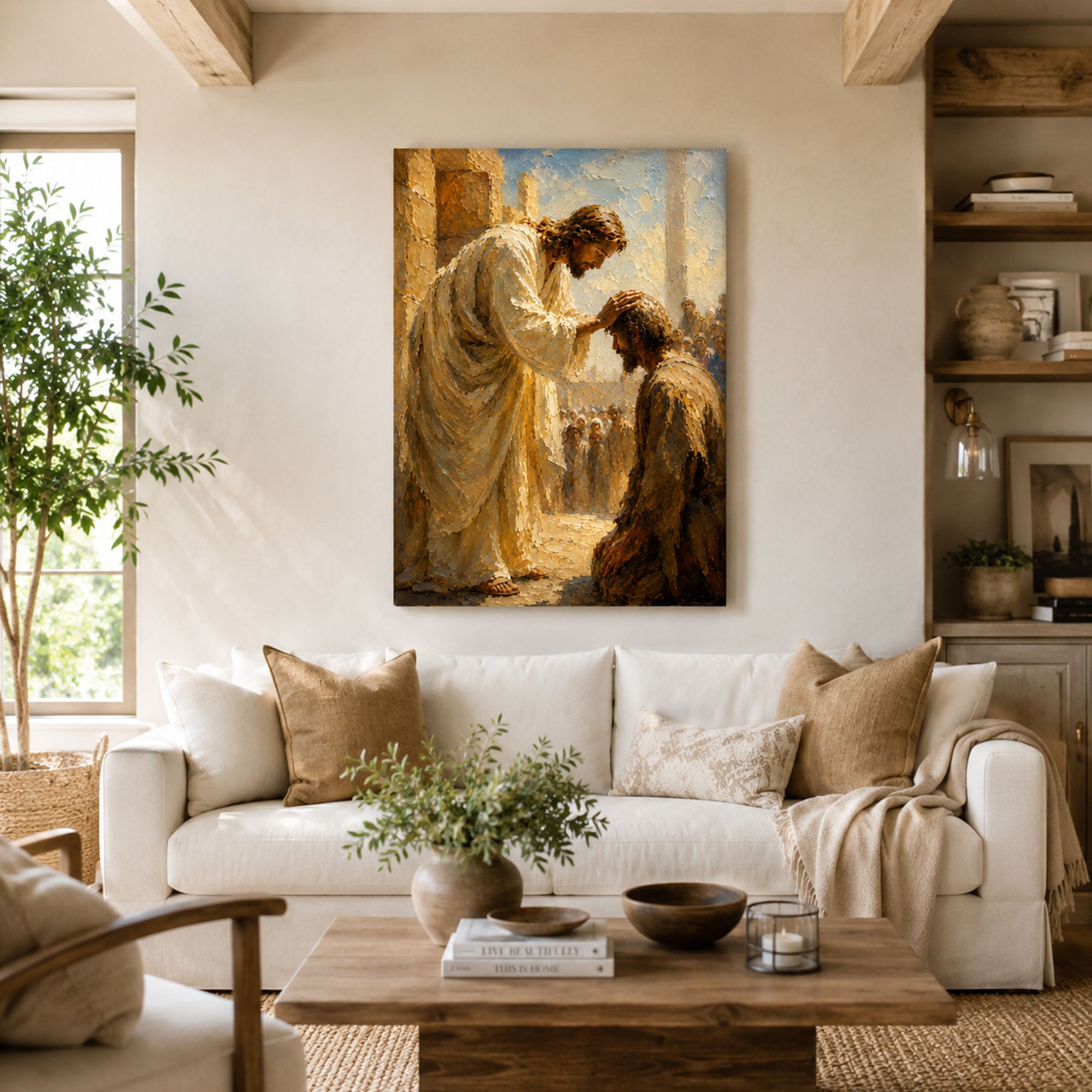 Jesus Laying Hands Canvas Print, Christian Healing Wall Art, Faith Home Decor Gift