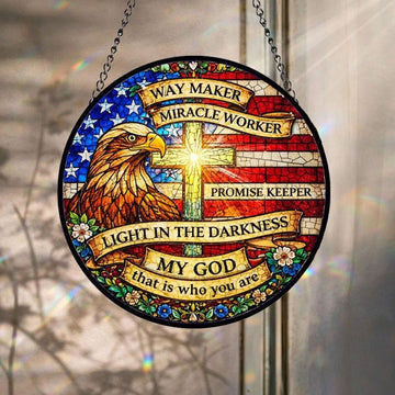 Eagle Cross Stained Glass Suncatcher, Christian Patriotic Window Hanging, Way Maker Scripture Faith Gift, American Flag Decor