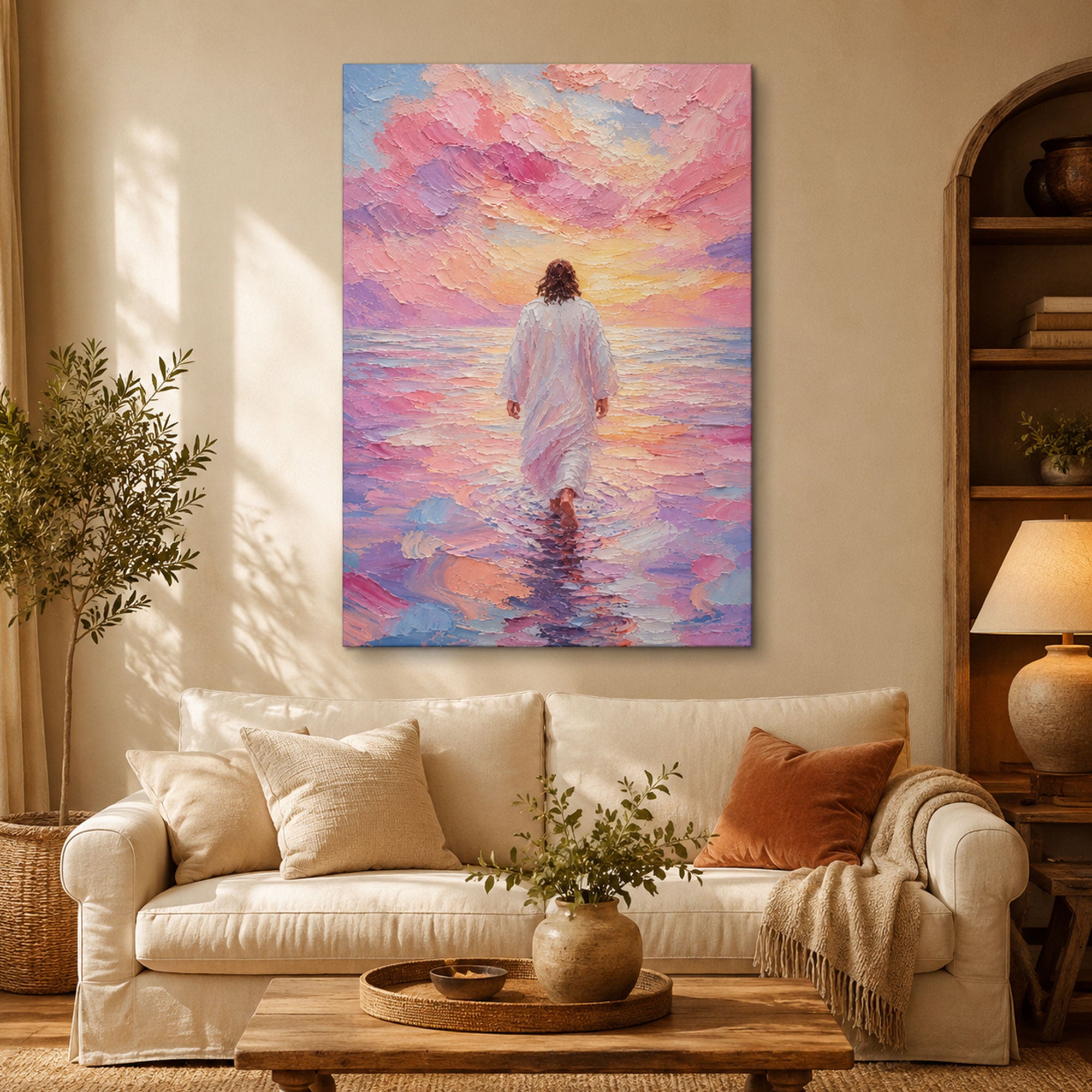 Jesus Walking on Water Canvas Print, Pastel Ocean Christian Wall Art, Faith and Peace Home Decor