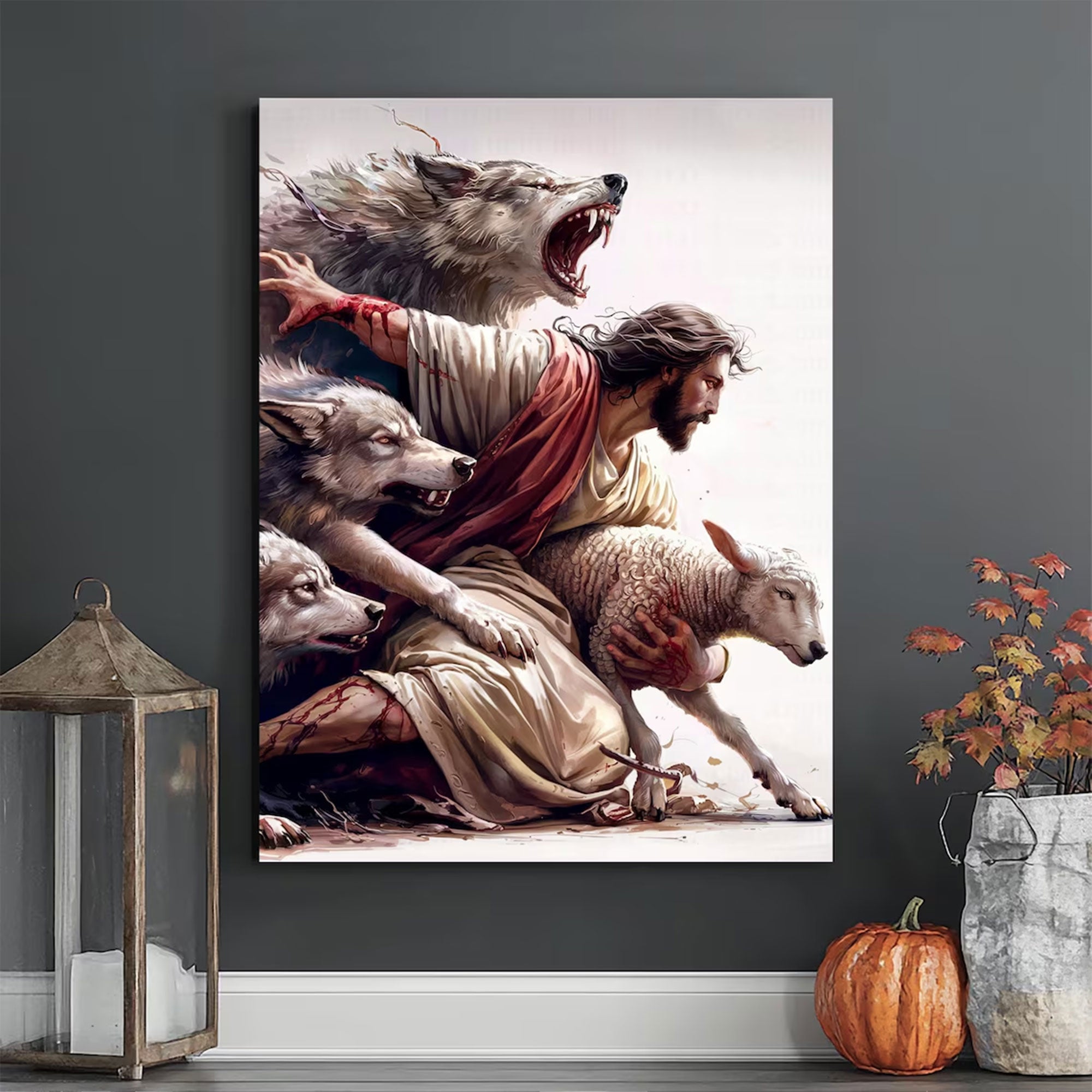 Jesus Good Shepherd Canvas Print, Christian Wall Art, Jesus Protecting Lamb, Religious DecorJesus Good Shepherd Canvas Print, Christian Wall Art, Jesus Protecting Lamb, Religious Decor