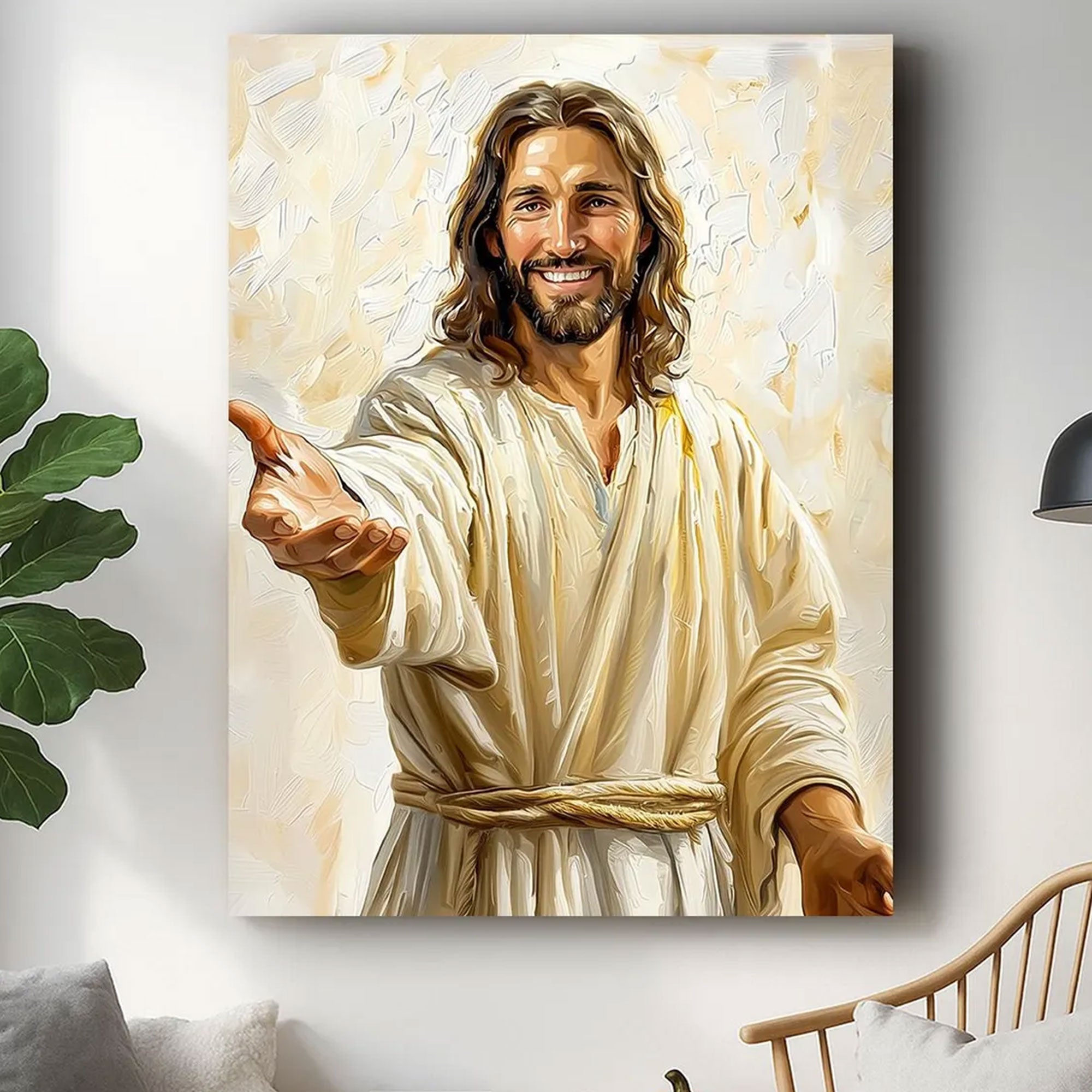 Smiling Jesus Welcoming Canvas Print, Open Arms Savior Wall Art, Christian Faith Home Decor, Religious Gift