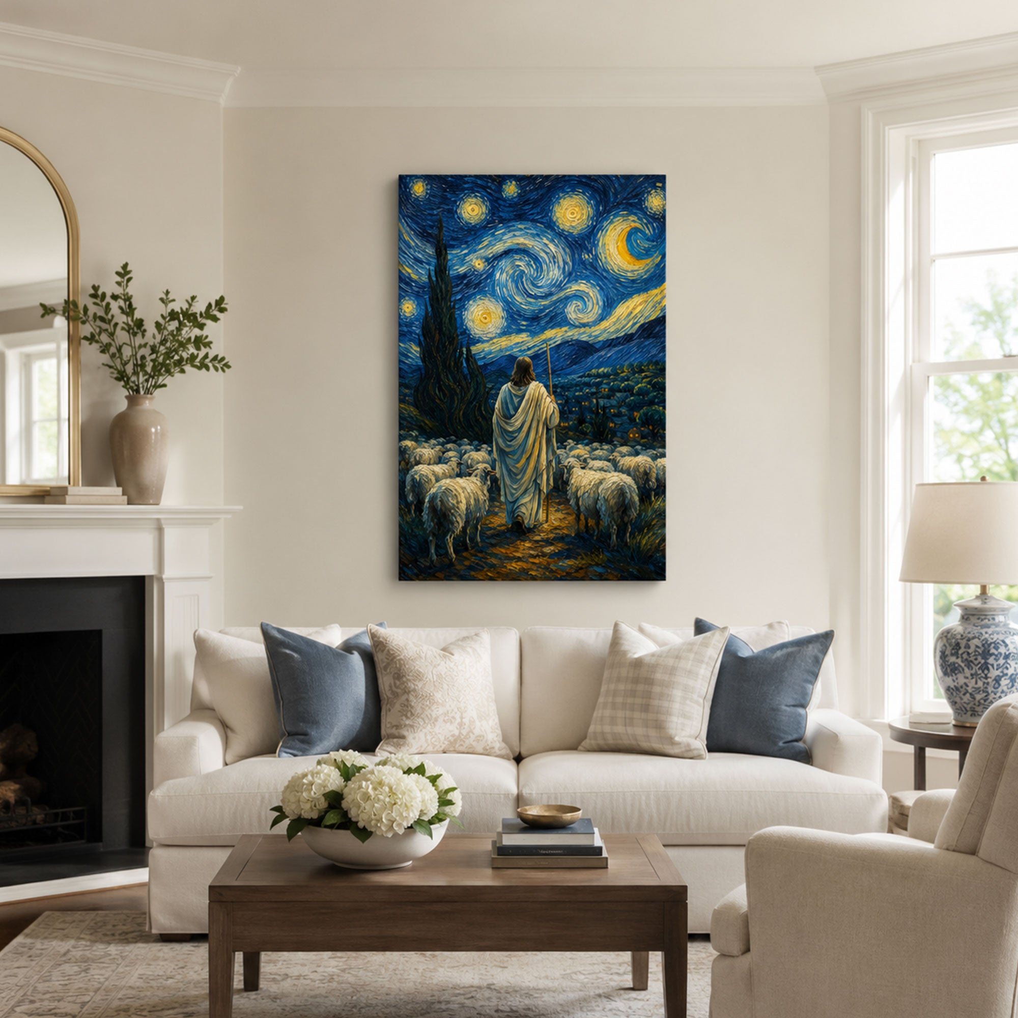 Jesus the Good Shepherd Starry Night Canvas Print, Christian Faith Decor