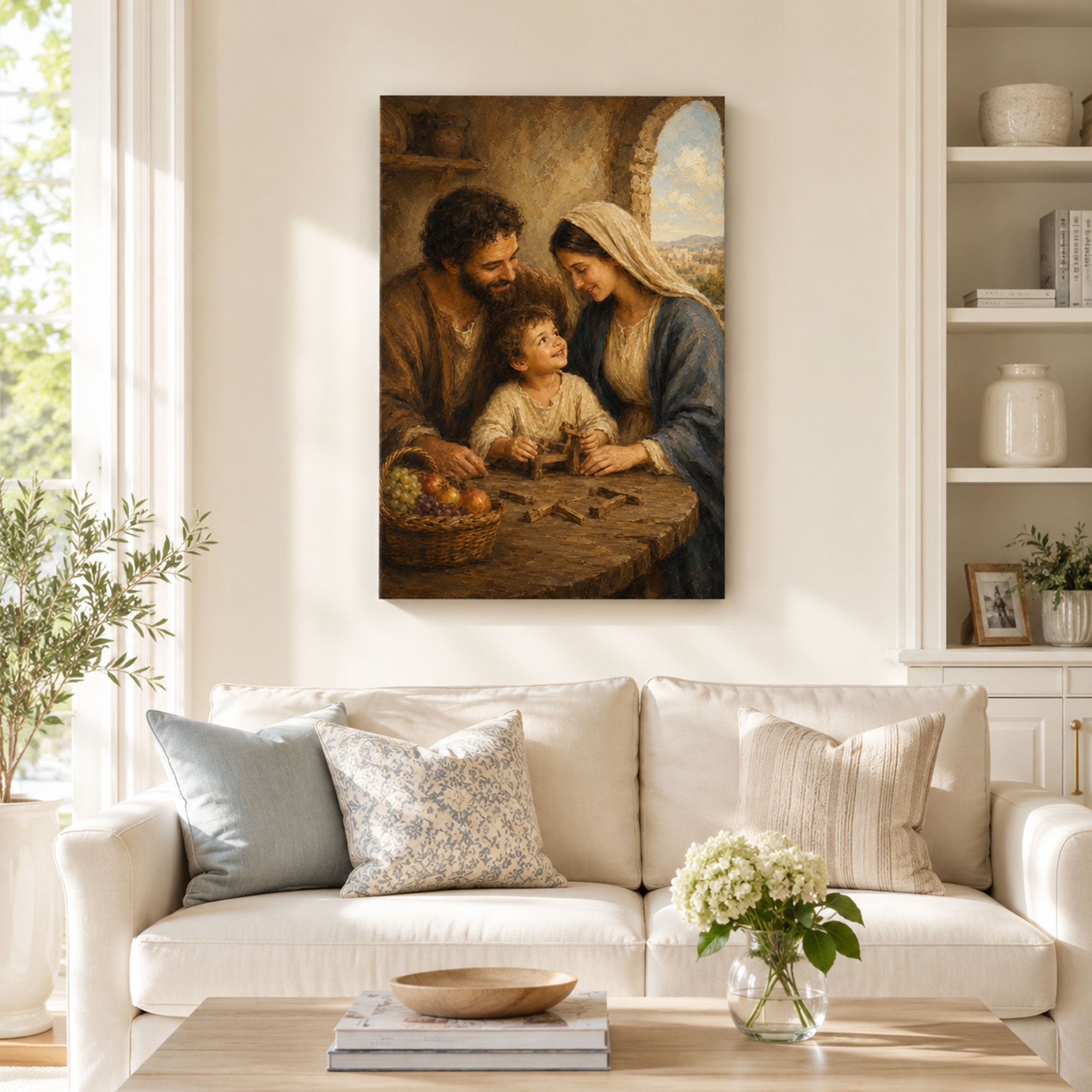 Holy Family at Nazareth Canvas Print, Saint Joseph Mary and Child Jesus Catholic Wall Decor, Faith Gift