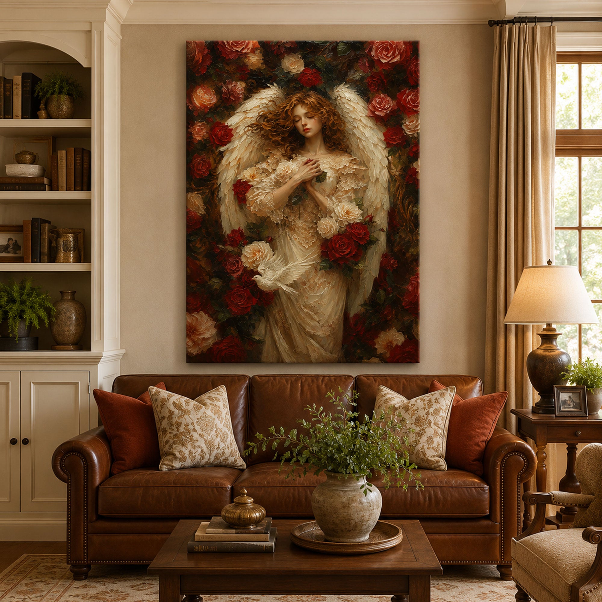 Guardian Angel with Roses Canvas Print, Christian Angel Wall Art, Faith Home Decor