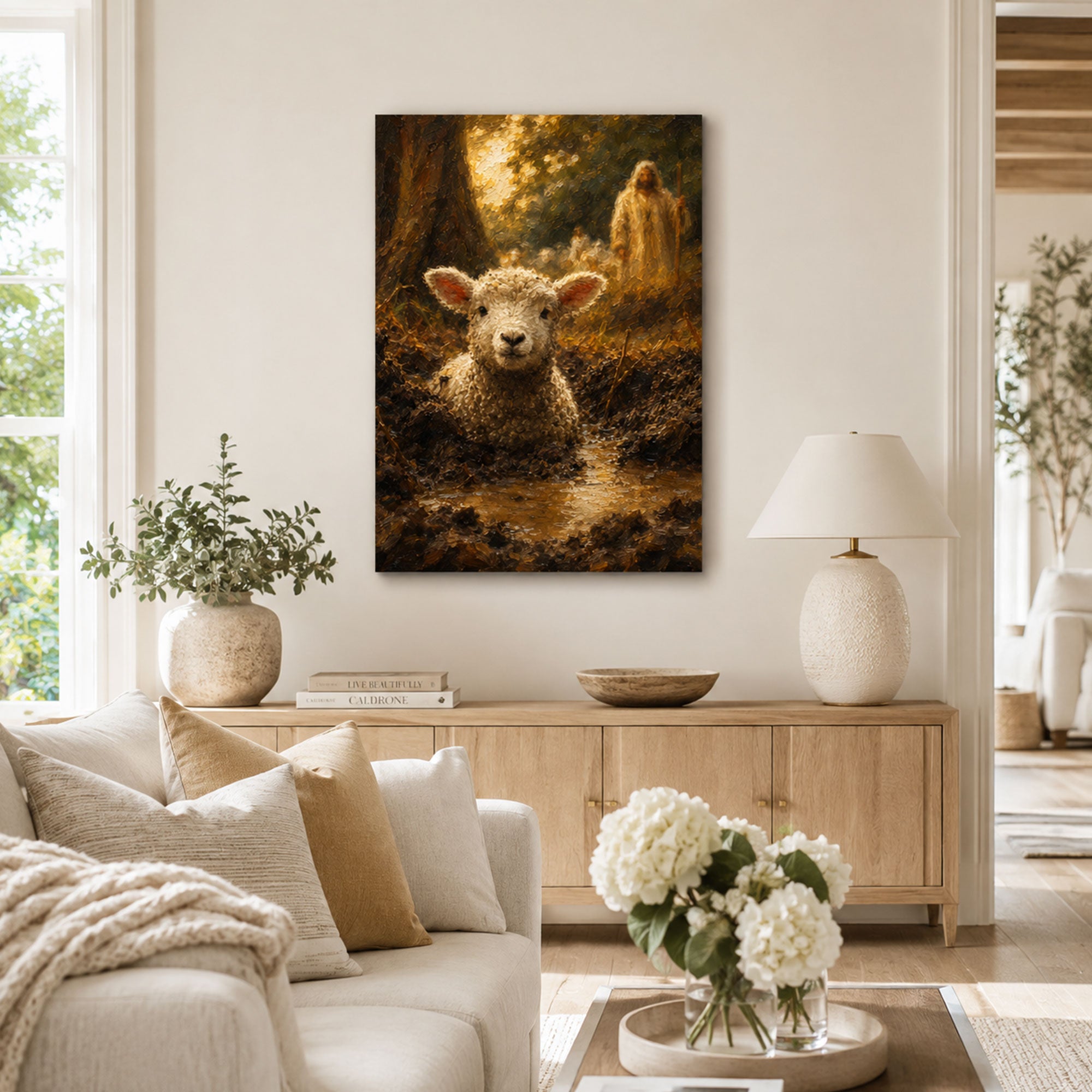 Jesus Finds the Lost Sheep Canvas Print, He Left the 99 Christian Wall Decor, Faith Gift