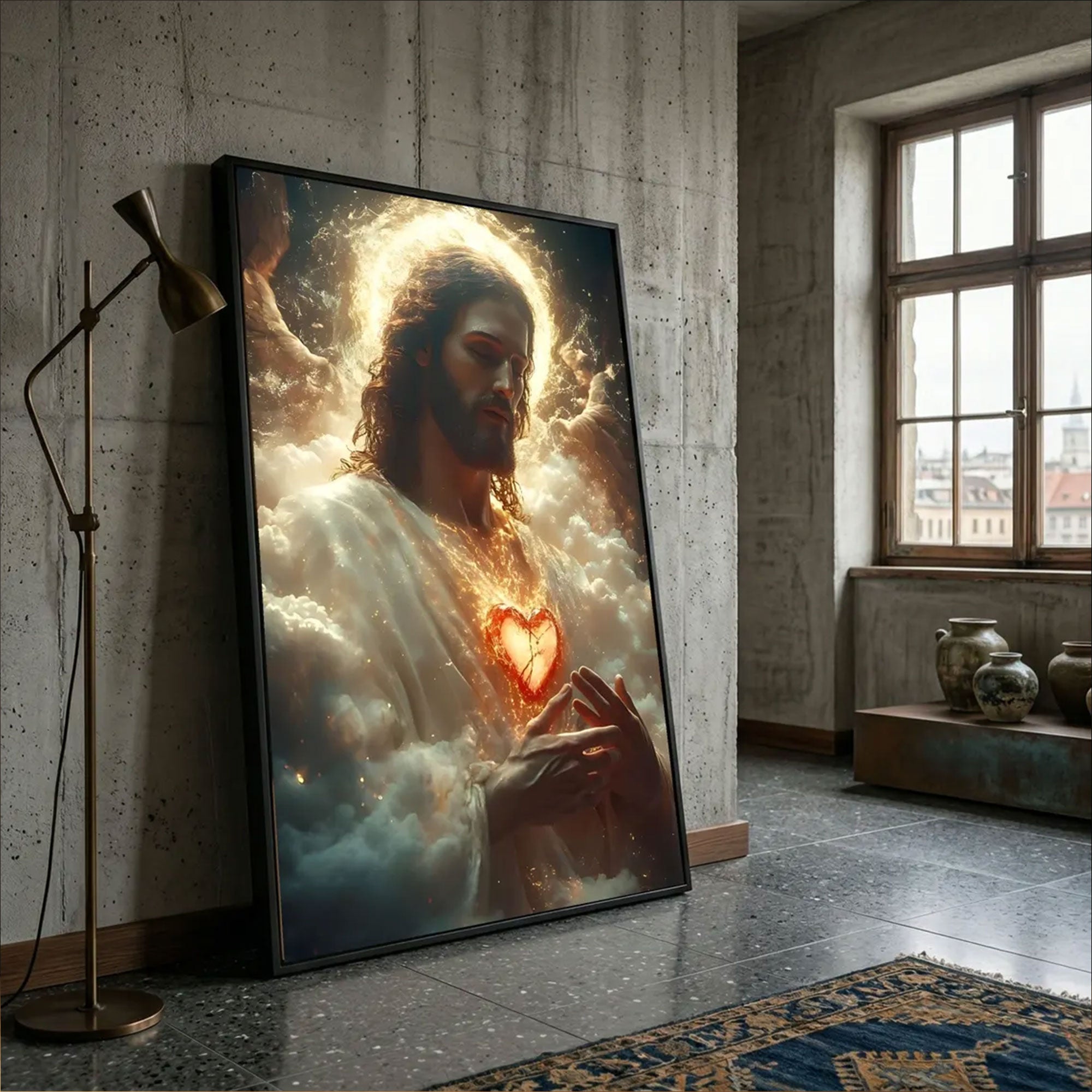 Sacred Heart of Jesus Canvas Print, Oversized Christian Wall Art, Illuminated Halo Portrait, Religious Home Decor