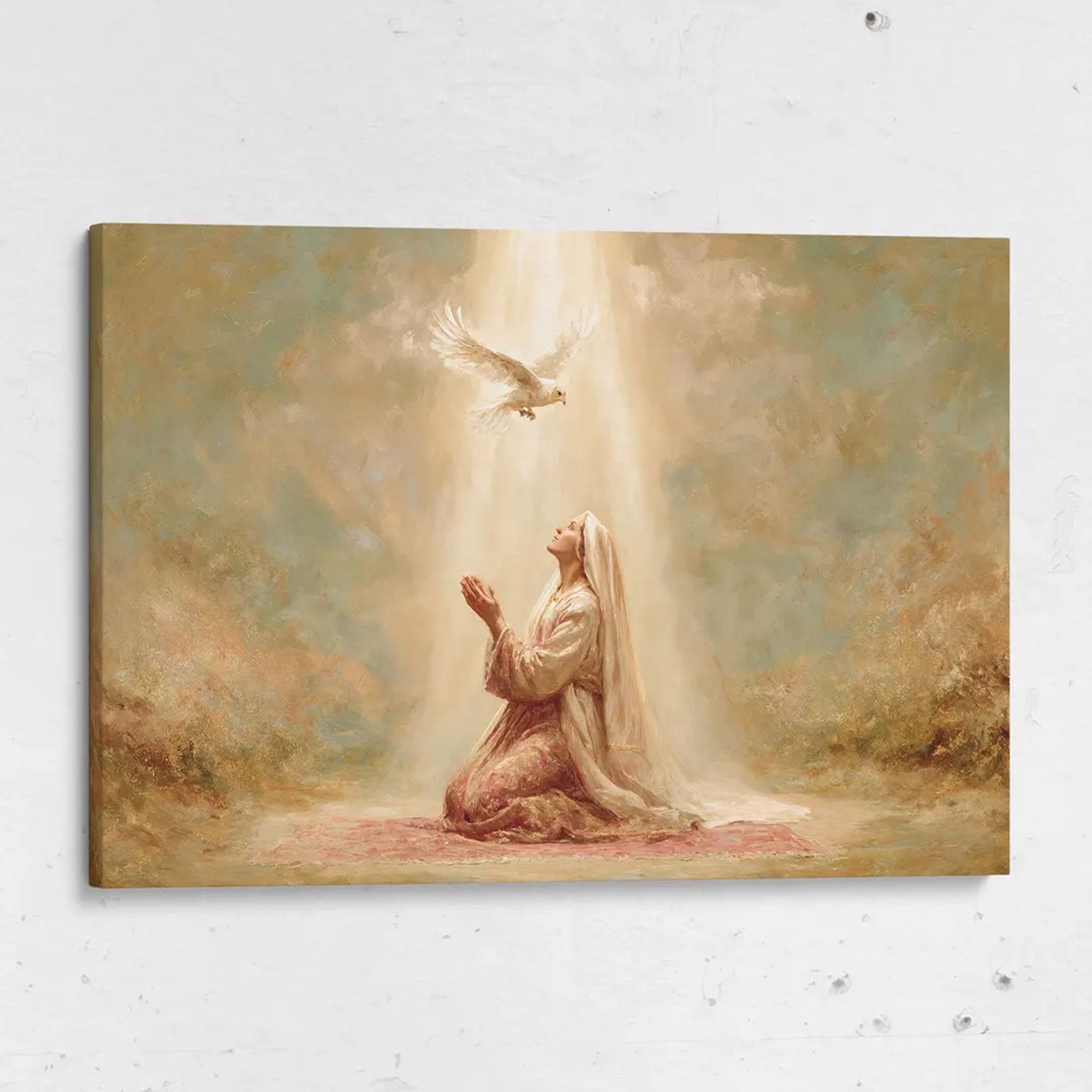Praying Madonna & Dove Canvas Print, Virgin Mary Catholic Art Home Decor