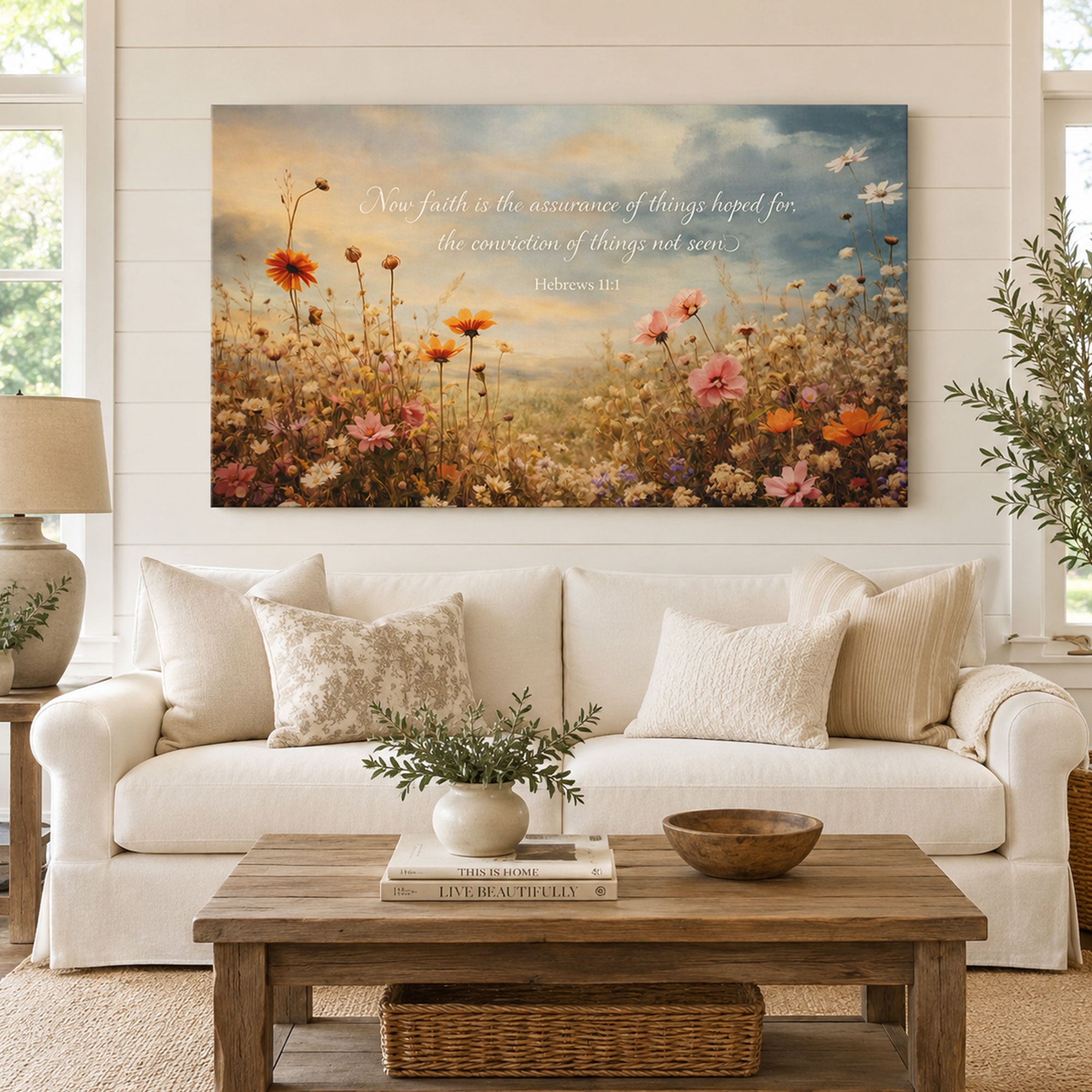Hebrews 11:1 Now Faith Is the Assurance Canvas Print, Floral Bible Verse Christian Wall Art, Faith Home Decor Gift