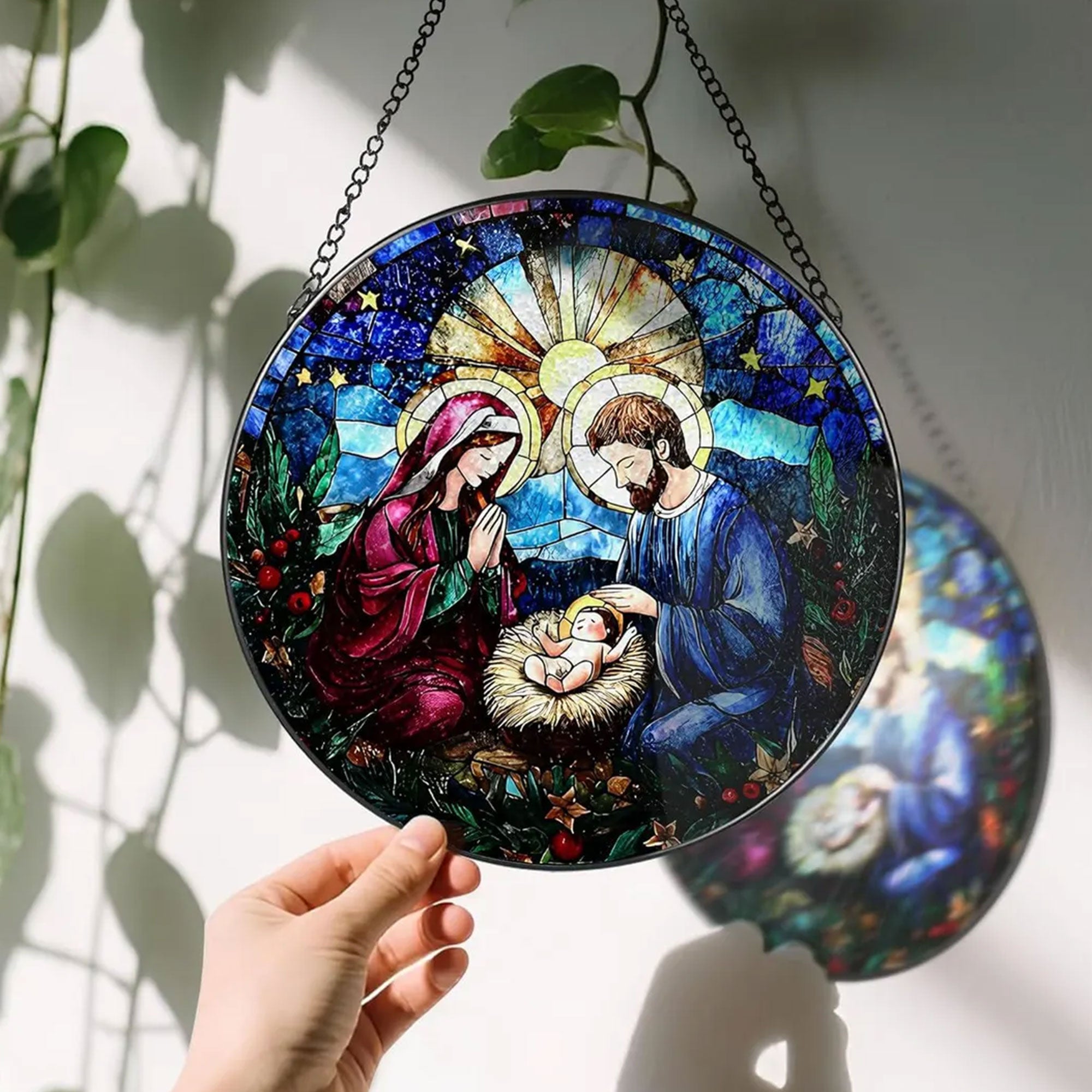 Nativity Stained Glass Suncatcher, Holy Family Window Hanging, Christian Christmas Decor Gift