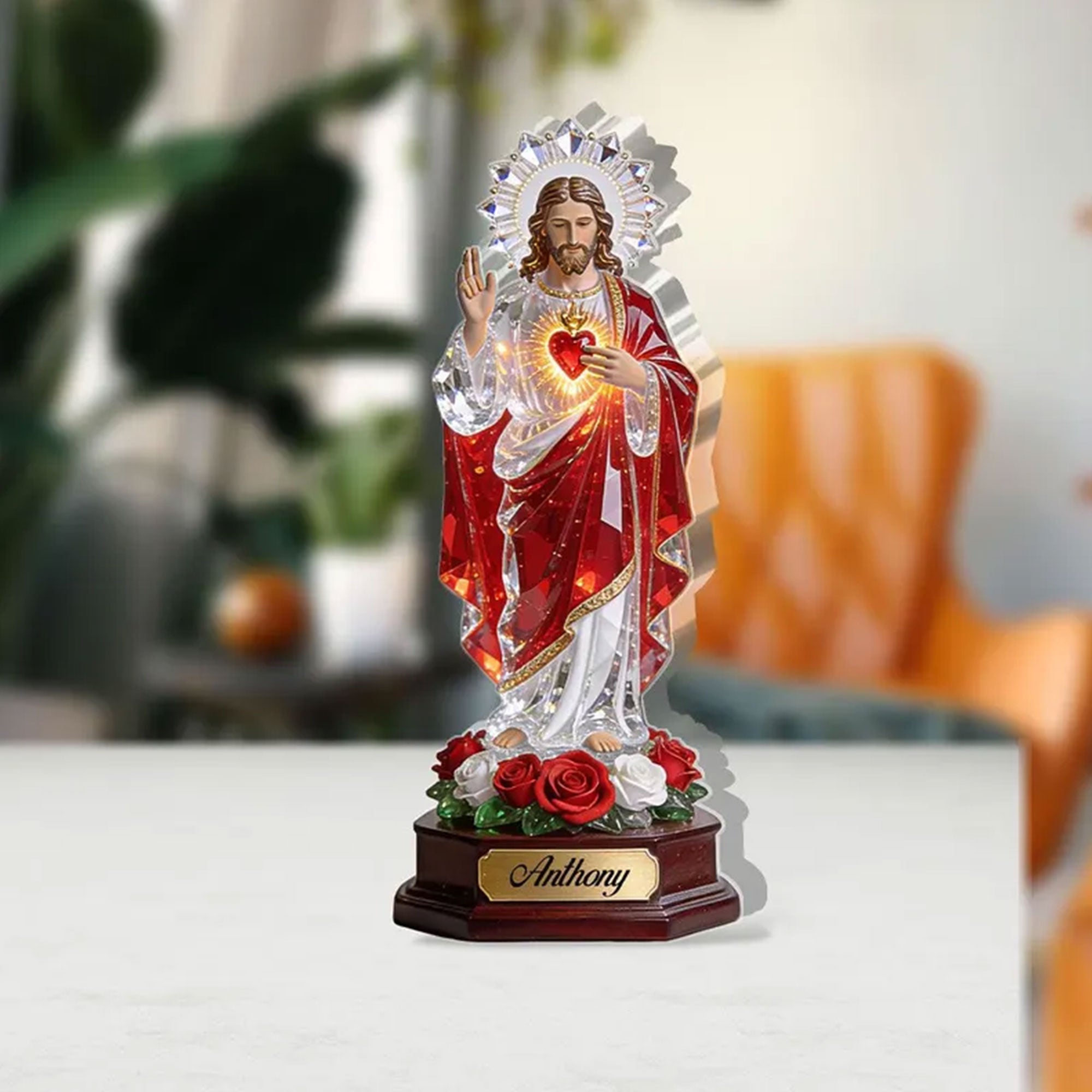 Sacred Heart of Jesus Custom Name Acrylic Plaque, Christian Gift, Single-Sided 2D Flat Religious Table Decor
