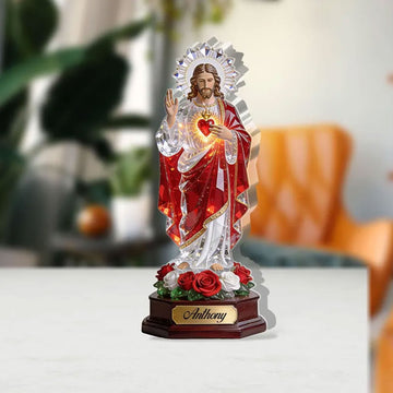 Sacred Heart of Jesus Custom Name Acrylic Plaque, Christian Gift, Single-Sided 2D Flat Religious Table Decor