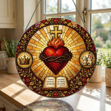 Sacred Heart Bible Verse Suncatcher, Crown of Thorns Catholic Home Decor