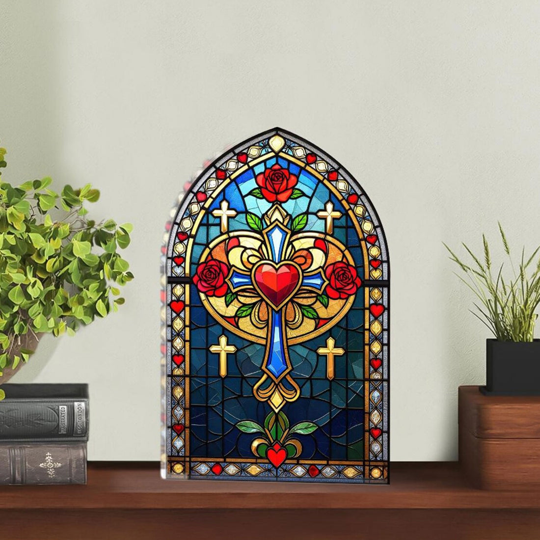 Sacred Heart Cross Acrylic Block, Stained Glass Christian Table Decor, Catholic Faith Gift, Single-Sided 2D Religious Display