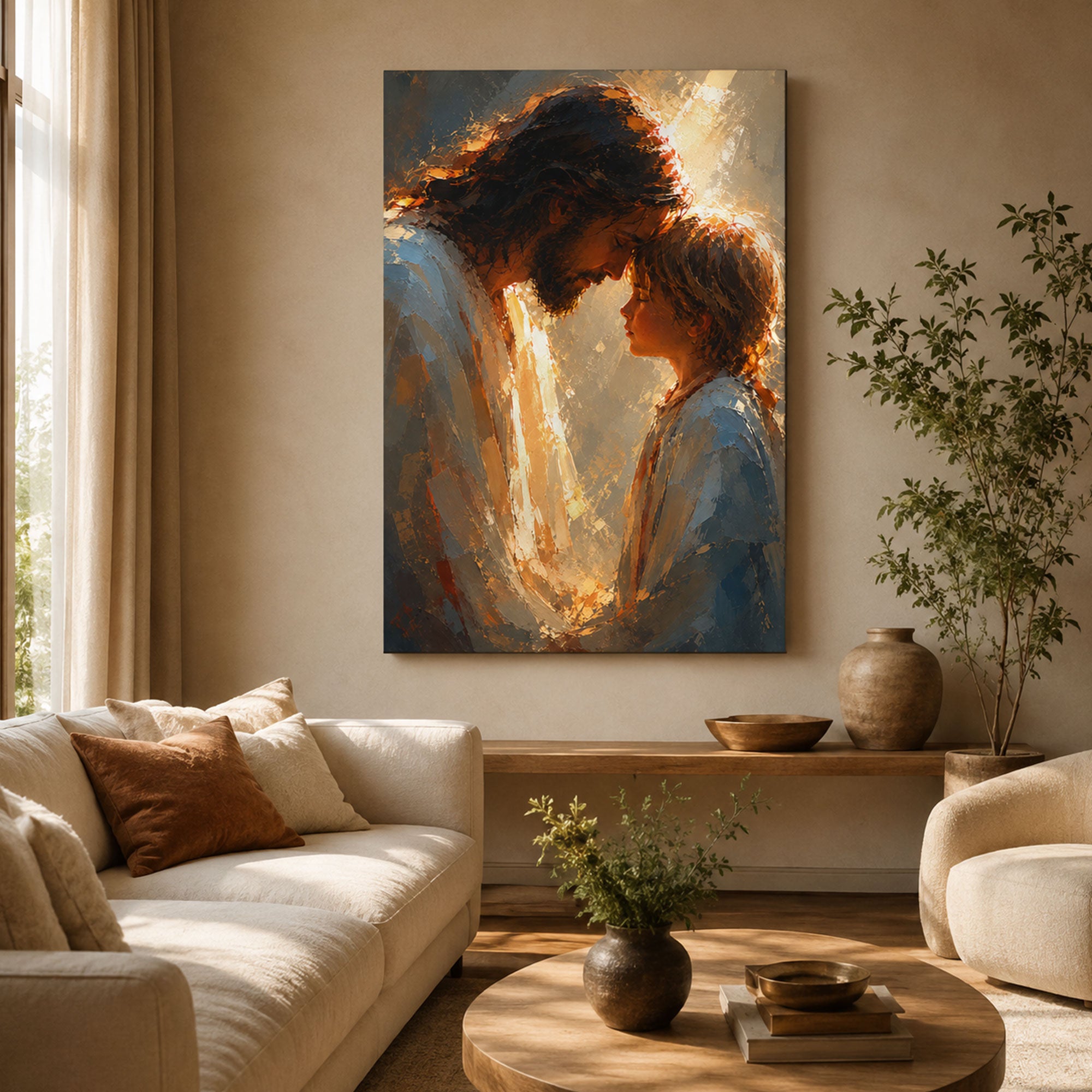 Jesus with Child Canvas Print, Christian Love Wall Art, Peaceful Faith Home Decor