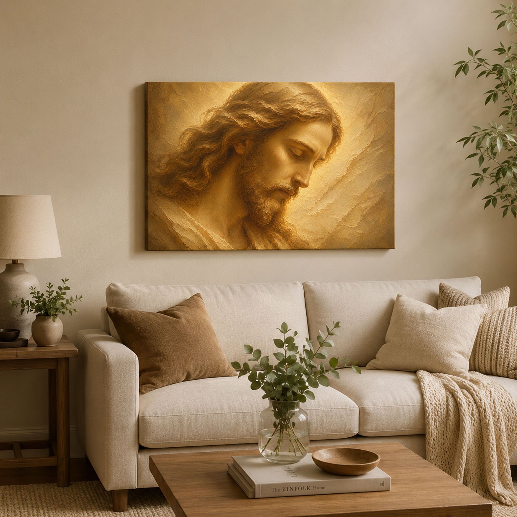 Jesus Christ Portrait Panoramic Canvas Print, Soft Gold Christian Wall Art, Faith Home Decor Gift