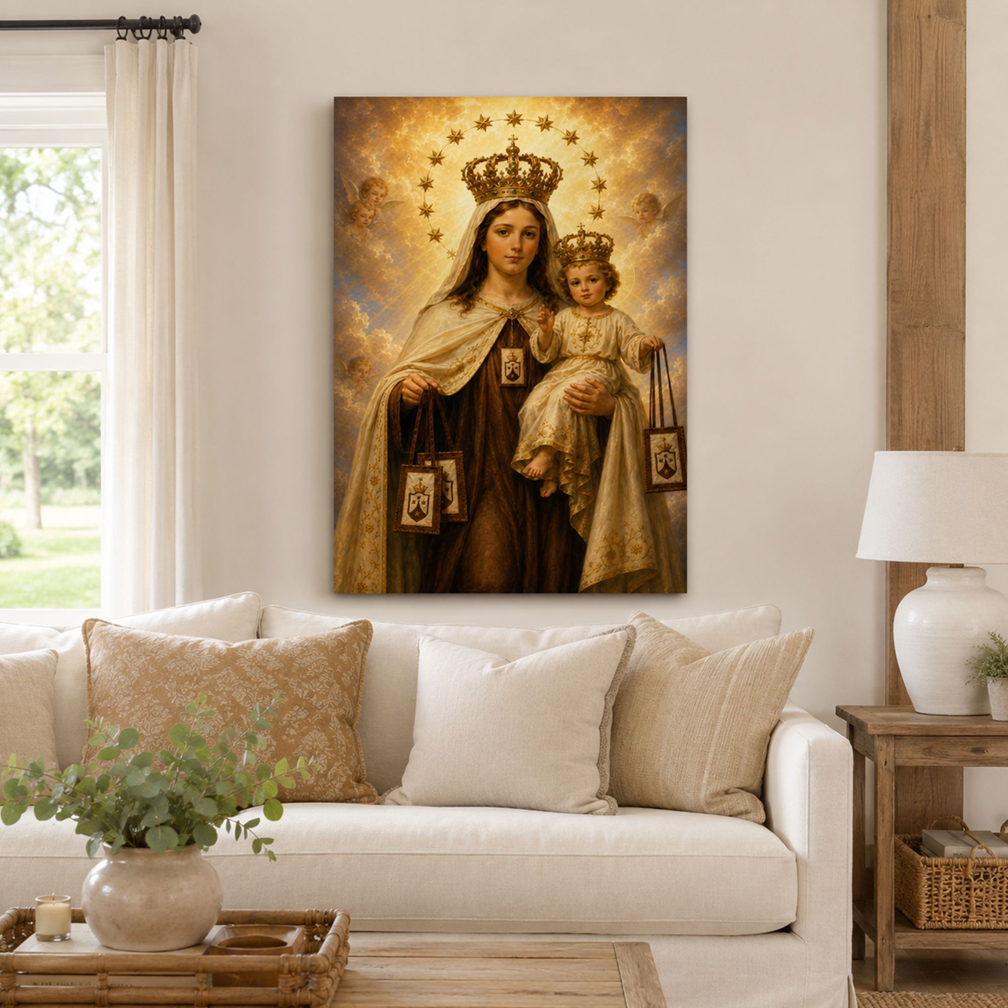 Our Lady of Mount Carmel Canvas Print, Virgin Mary with Child Jesus Catholic Wall Art, Faith Home Decor Gift