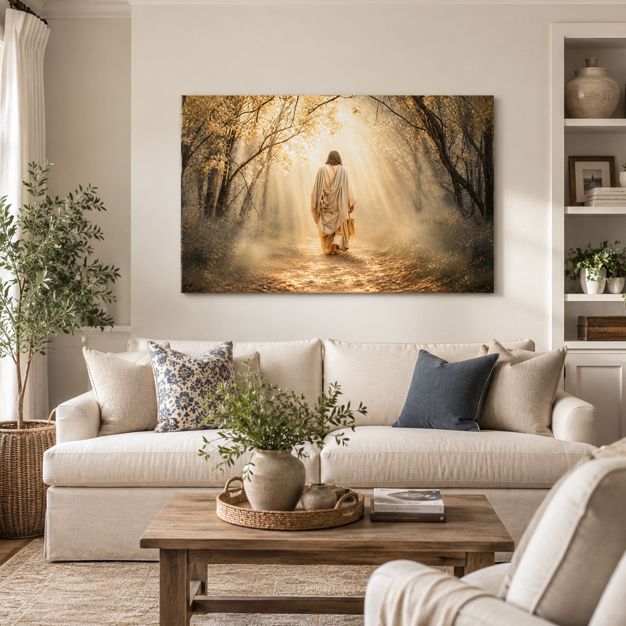 Christ on the Golden Woodland Path Canvas Print, Peaceful Christian Faith Decor