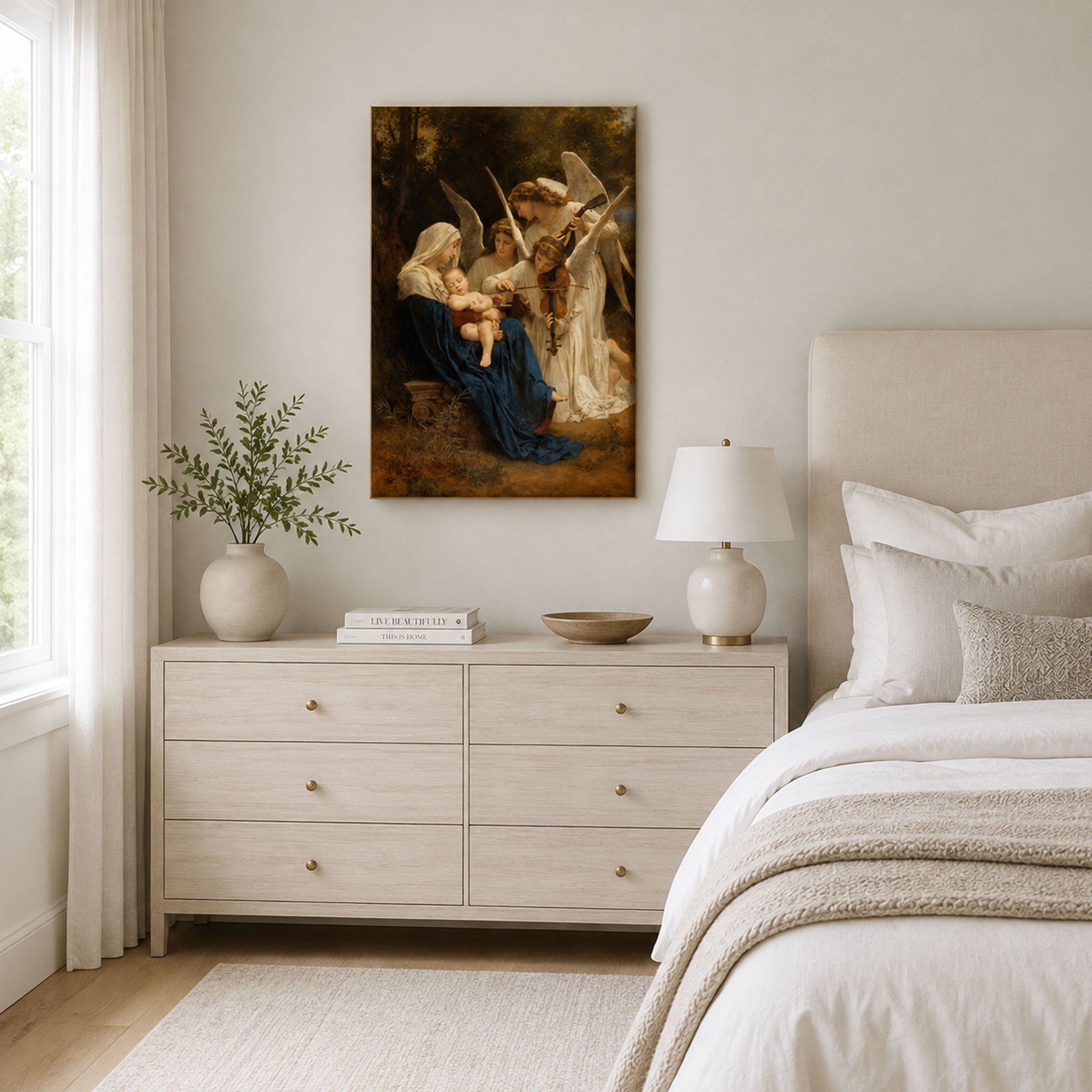 Virgin Mary and Child Jesus with Angels Canvas Print, Catholic Wall Decor, Marian Faith Gift