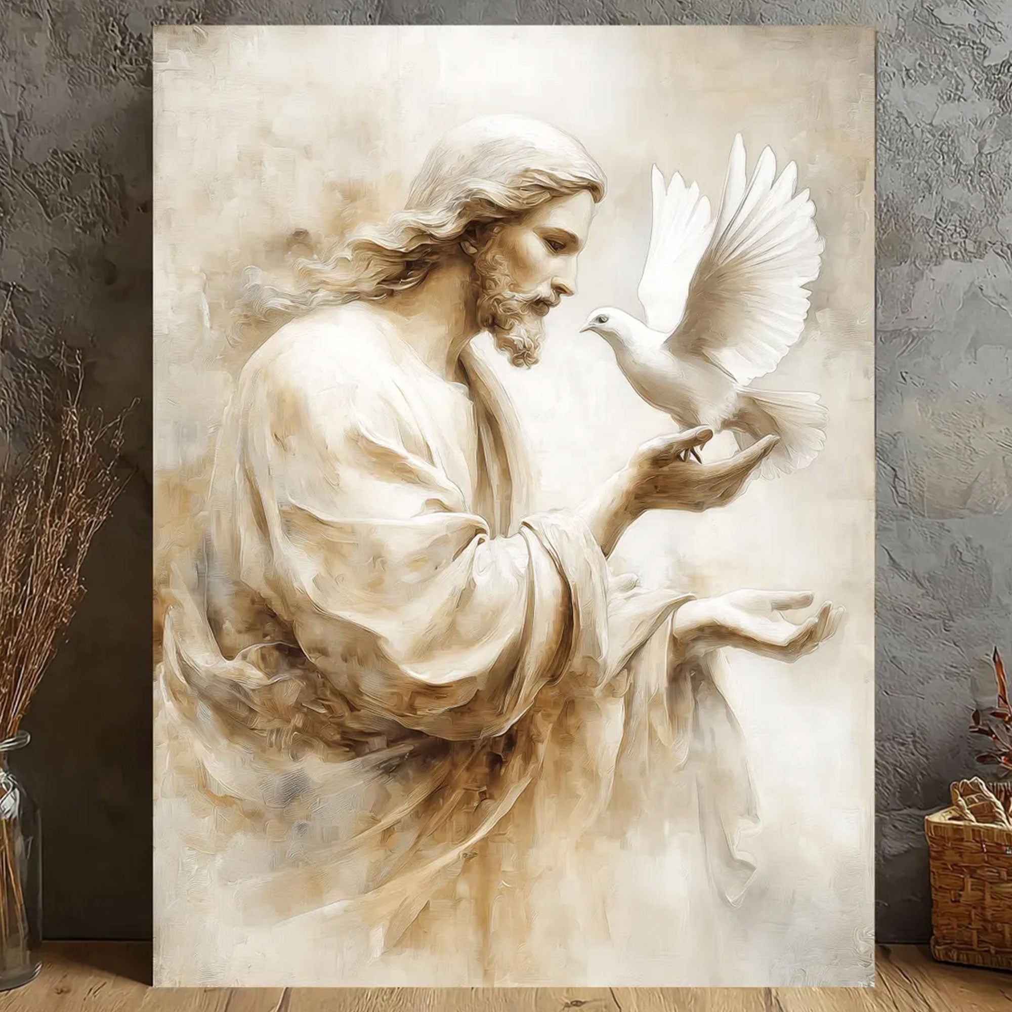 Jesus with Dove Canvas Wall Art, Holy Spirit Neutral Texture Painting, Christian Faith Home Decor