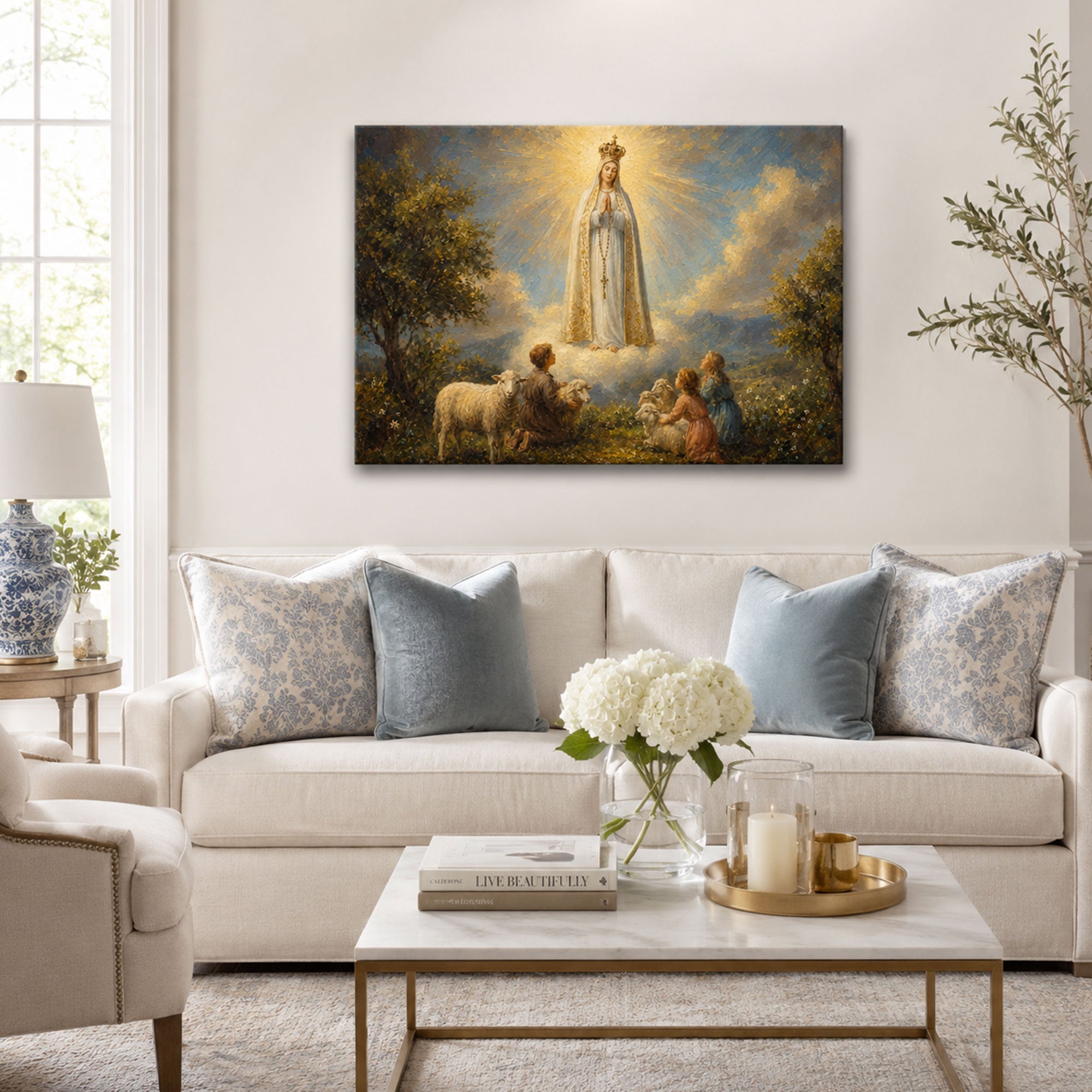 Our Lady of Fatima Apparition Canvas Print, Shepherd Children Catholic Wall Decor, Marian Faith Gift