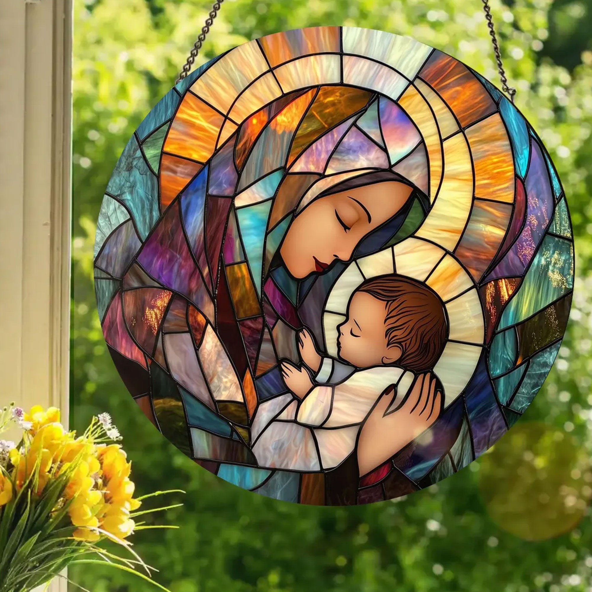 Virgin Mary Holding Baby Jesus Stained Glass Suncatcher, Catholic Window Hanging, Holy Mother Religious Decor