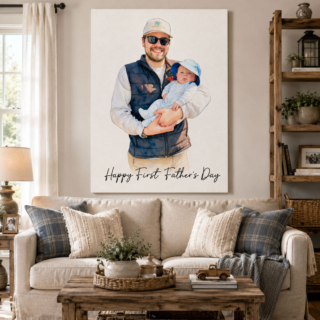 First Father’s Day Gift Personalized Watercolor Dad Portrait Canvas, Family Portrait Wall Art for Husband