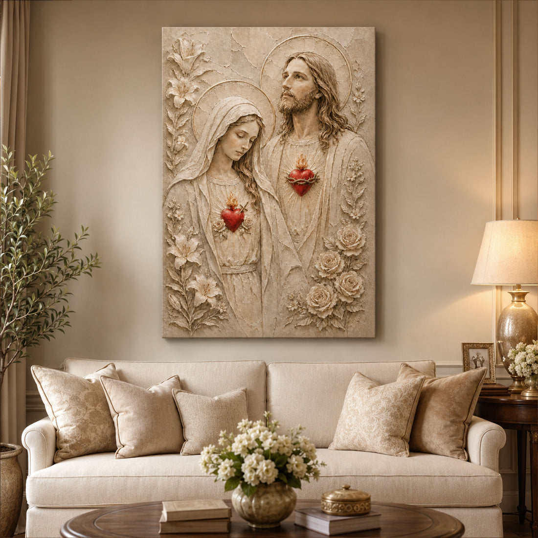 Sacred Heart of Jesus and Immaculate Heart of Mary Canvas Print, Catholic Wall Art, Christian Religious Home Decor