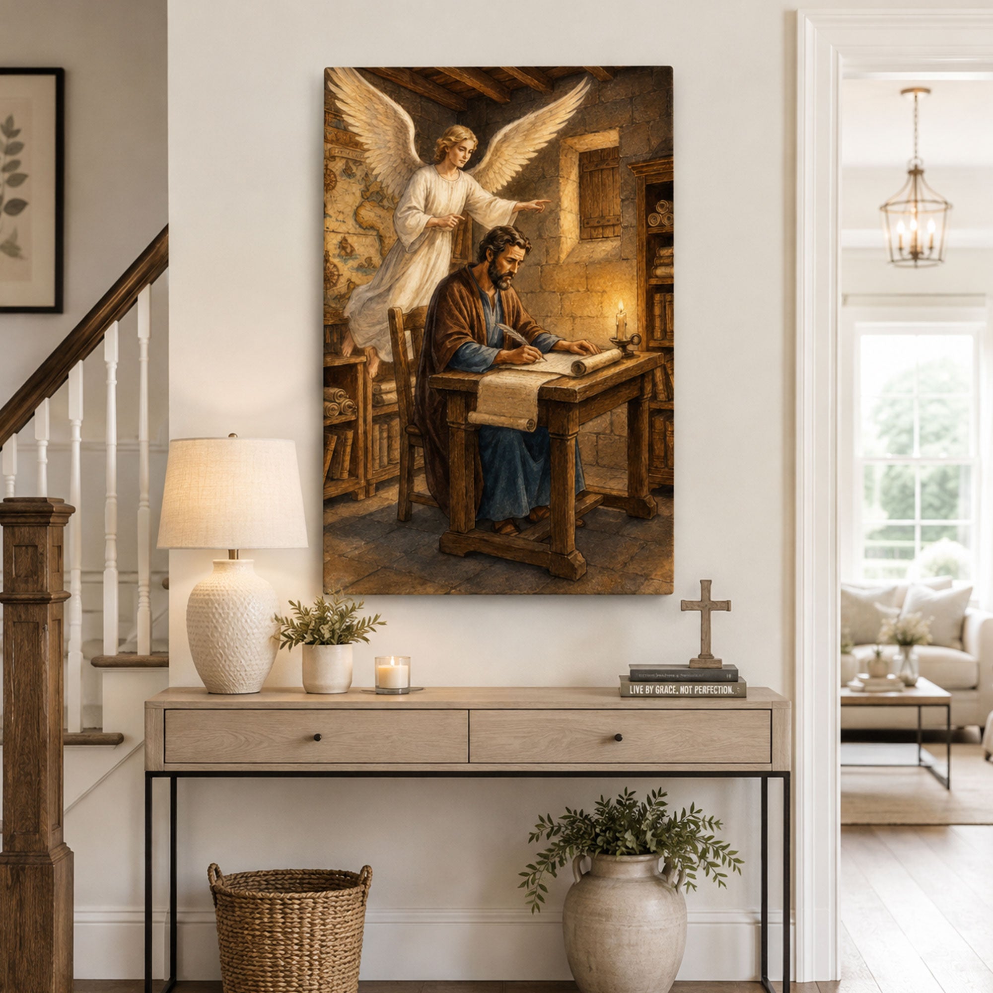 Saint Matthew Writing the Gospel Canvas Print, Angel Inspired Catholic Wall Decor, Faith Gift
