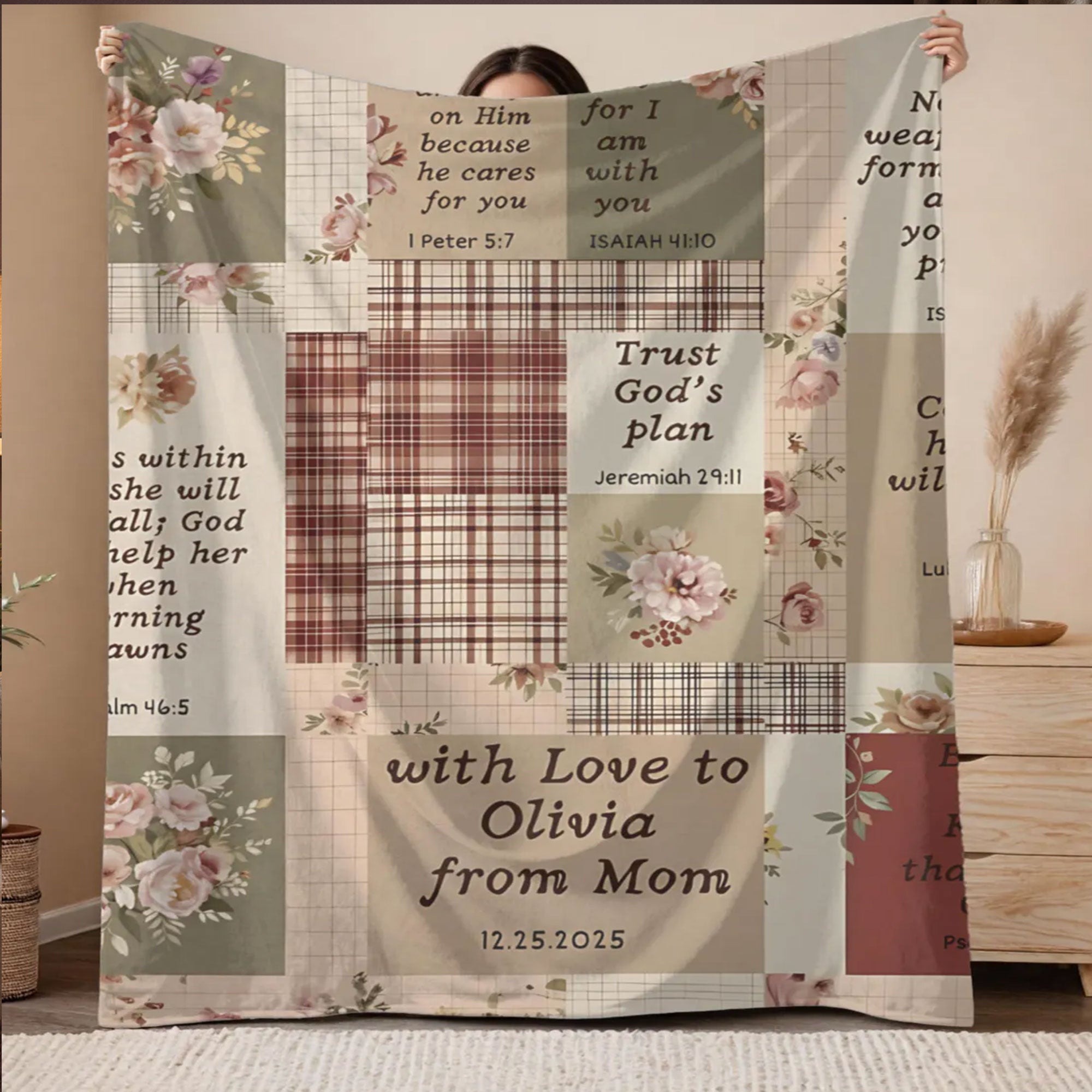 Christian Scripture Fleece Blanket, Floral Patchwork Throw, Personalized Bible Verse Gift, Faith Blanket for Daughter or Mom