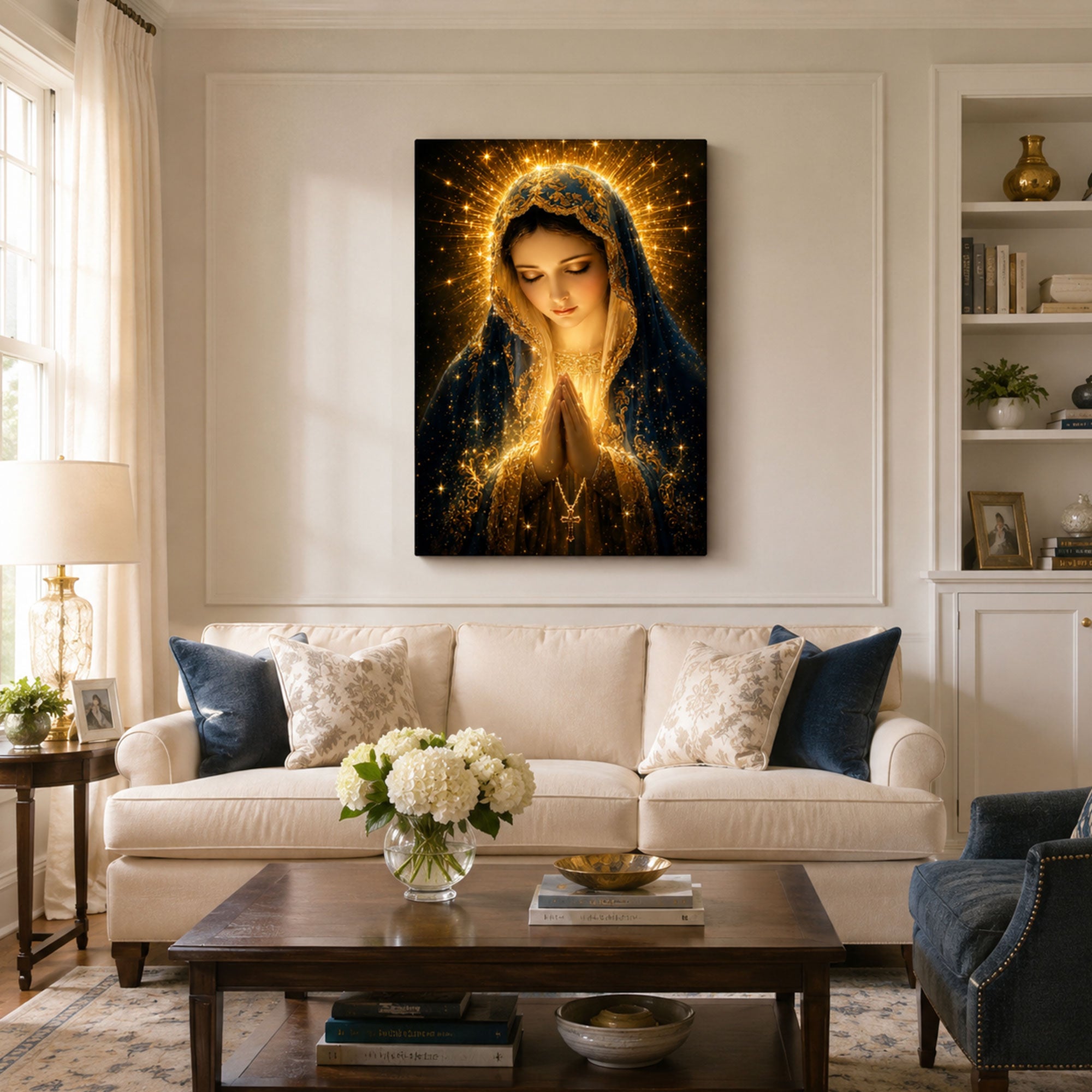 Blessed Virgin Mary Praying Canvas Print, Blue and Gold Catholic Marian Wall Art, Faith Home Decor Gift