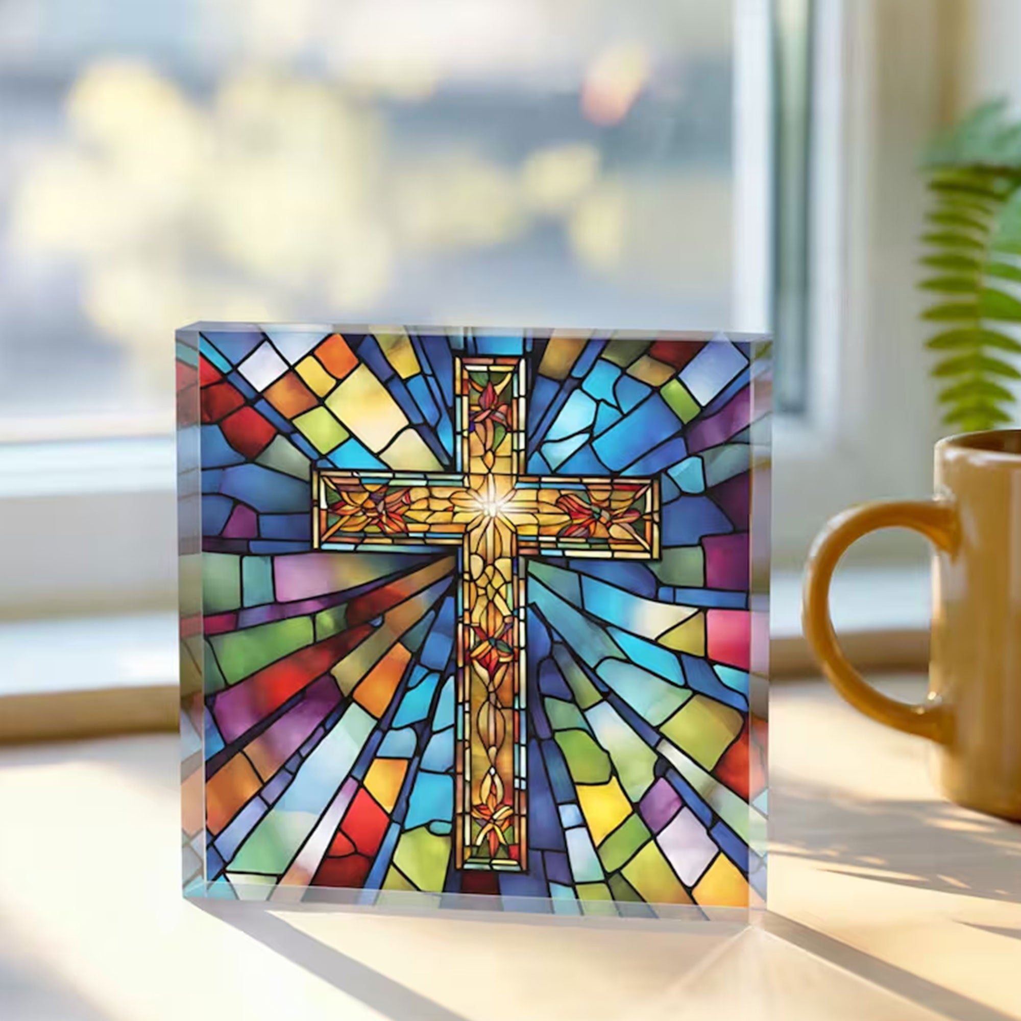 Stained Glass Cross Acrylic Plaque, Easter Christian Catholic Gift, Comfort Gift for Friend, Housewarming Faith Decor