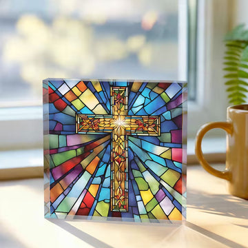 Stained Glass Cross Acrylic Plaque, Easter Christian Catholic Gift, Comfort Gift for Friend, Housewarming Faith Decor