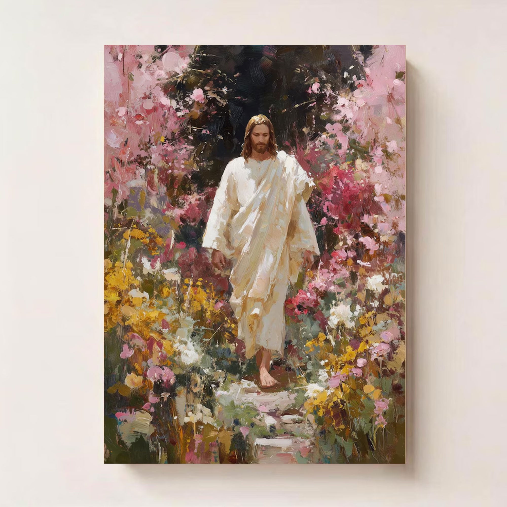 Jesus with Flowers Canvas Print, Christian Wall Art, Faith Based Religious Home Decor