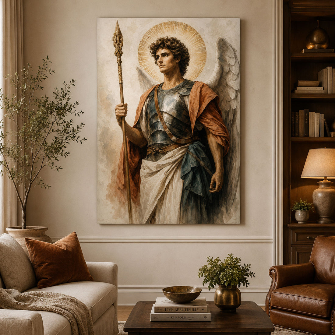 Archangel Michael with Spear Canvas Print, Catholic Guardian Angel Wall Art, Faith Home Decor