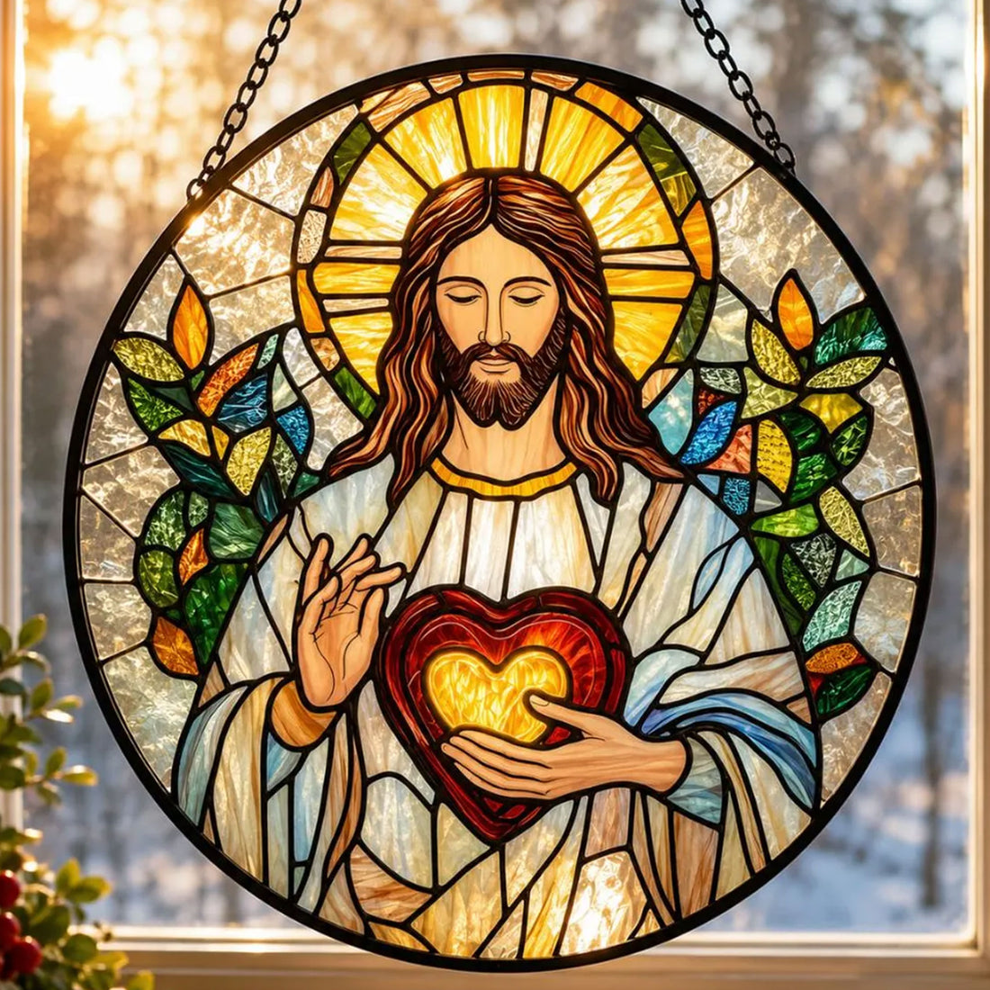 Sacred Heart of Jesus Suncatcher, Christian Window Hanging, Catholic Religious Gift for Her