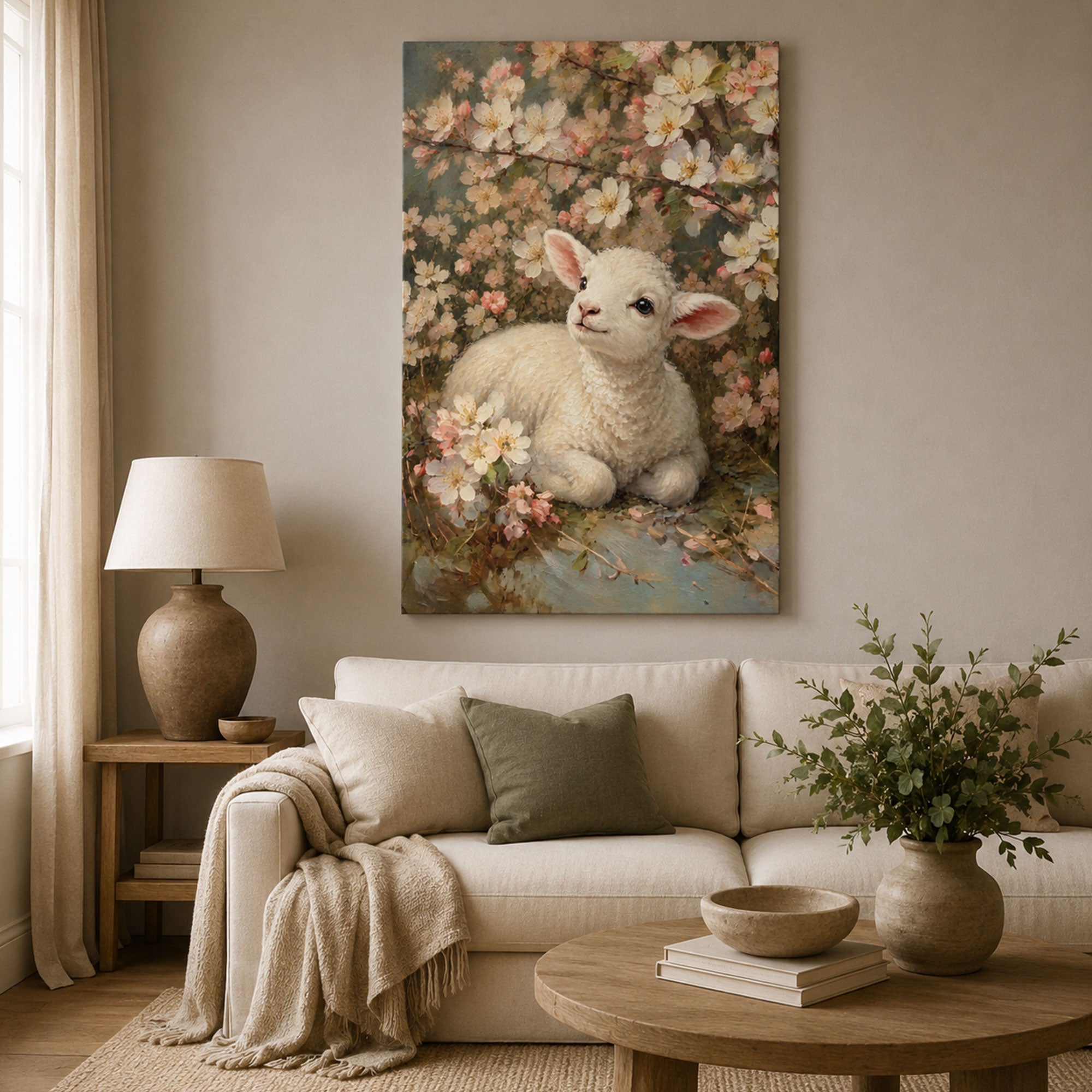 Lamb of God Canvas Print, Floral Christian Wall Art, Peaceful Faith Home Decor