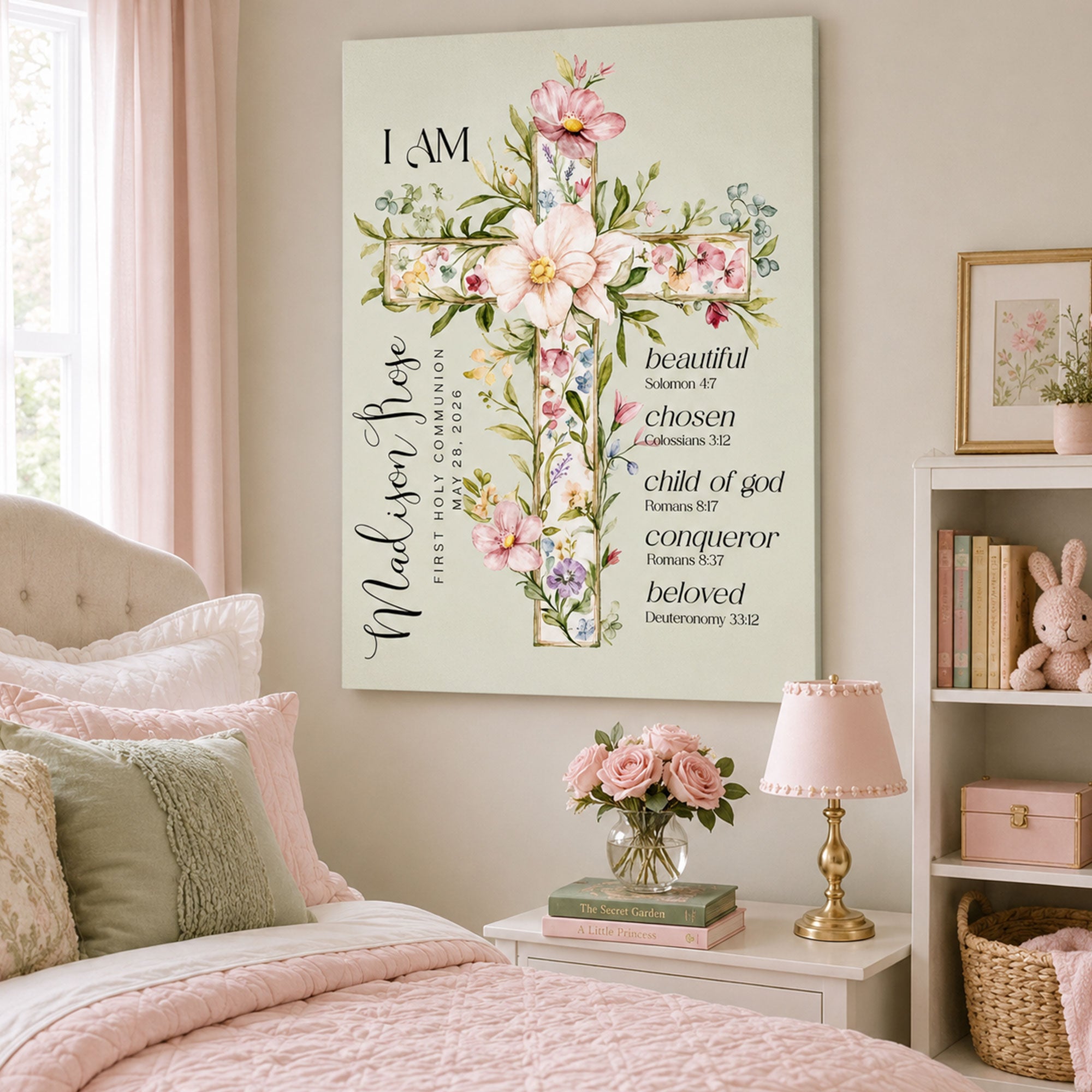 Custom First Communion Gift for Girl, Personalized Floral Cross Canvas Print, Christian Bible Verse Keepsake, Baptism Confirmation Gift