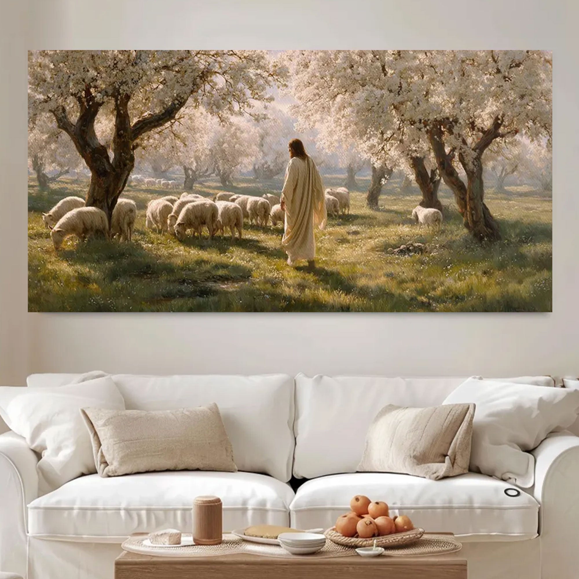Pastoral Bloom Framed Canvas Print, Jesus Wall Art, Christian Decor, Floral Field Artwork, Religious Gift