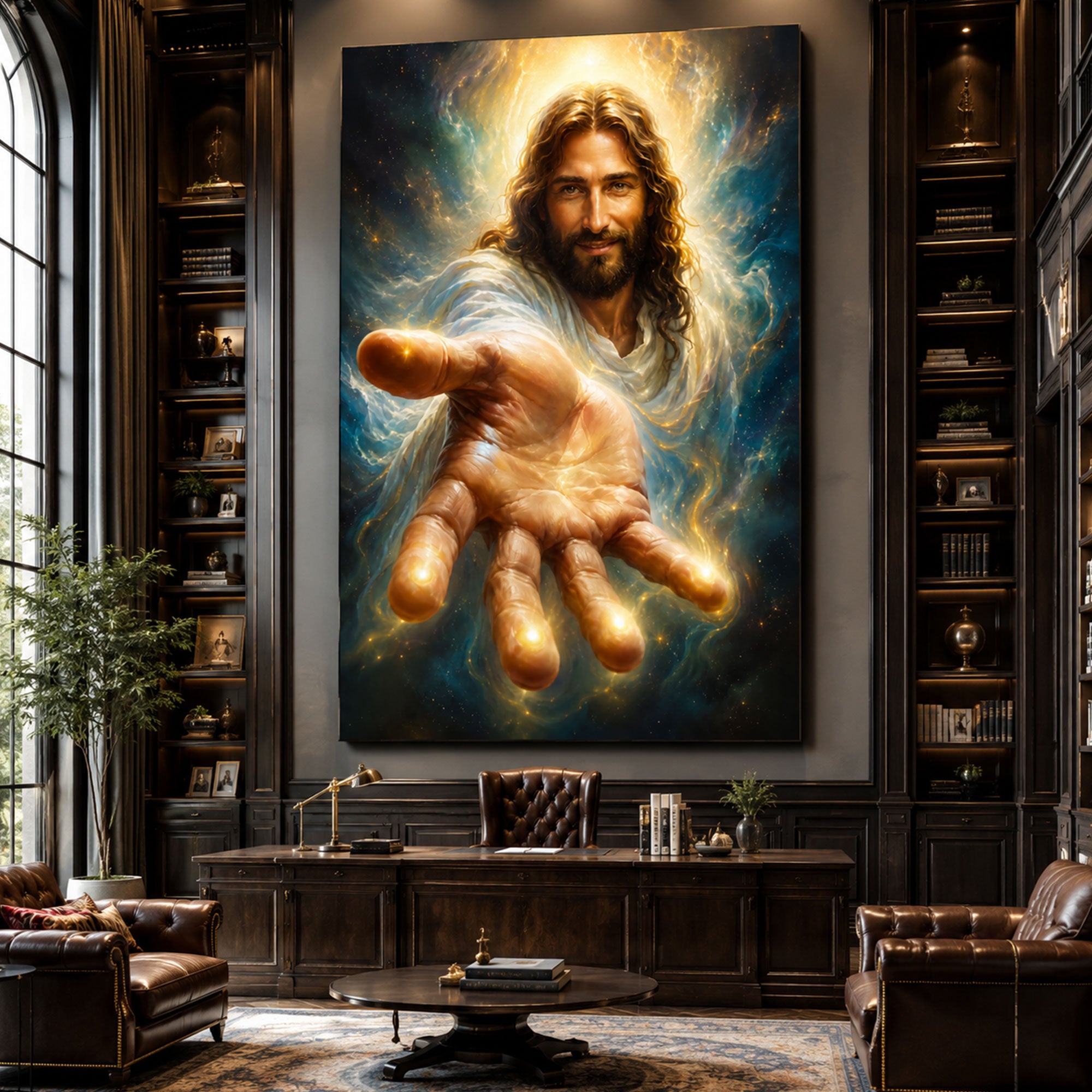 Heavenly Jesus Reaching Hand Canvas Print, Glowing Divine Light Christian Wall Art, Spiritual Galaxy Faith Decor